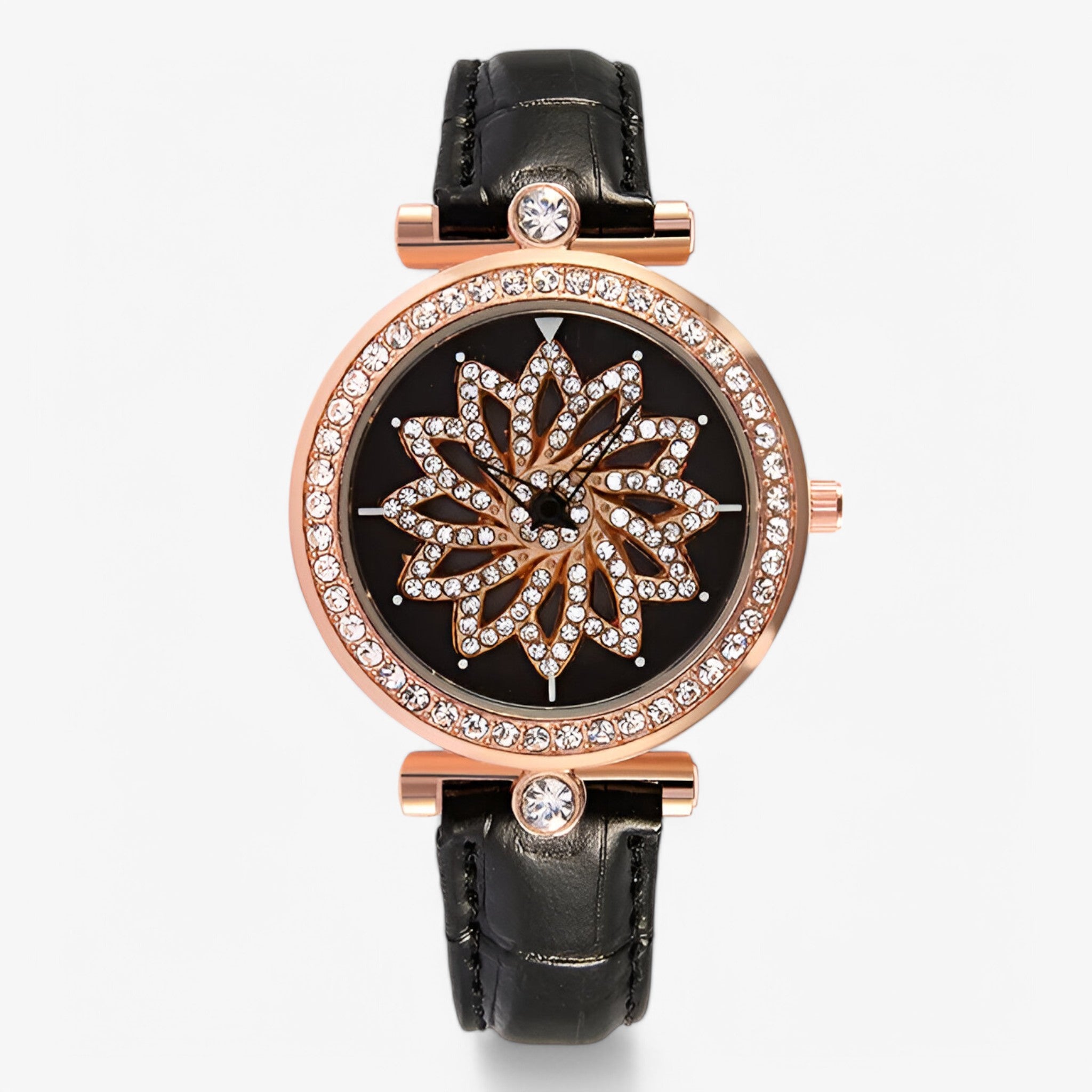 Brenda | Orologio da donna con quadrante floreale rotante e bracciale in maglia elegante - Nera - female watch watch for women - Concept Palermo