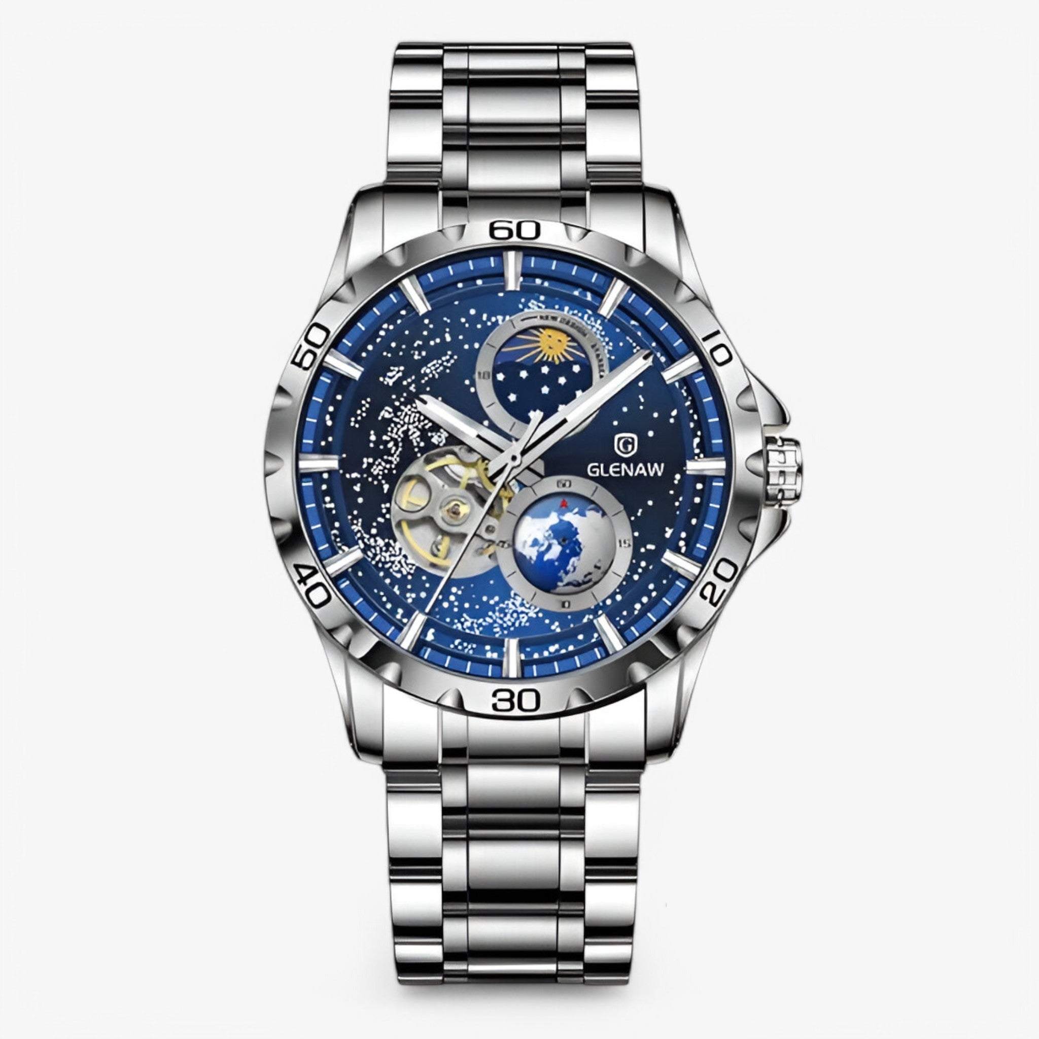 Jareth | Orologio Meccanico Fasi Lunari in Acciaio Inossidabile - blu argento - - Concept Palermo