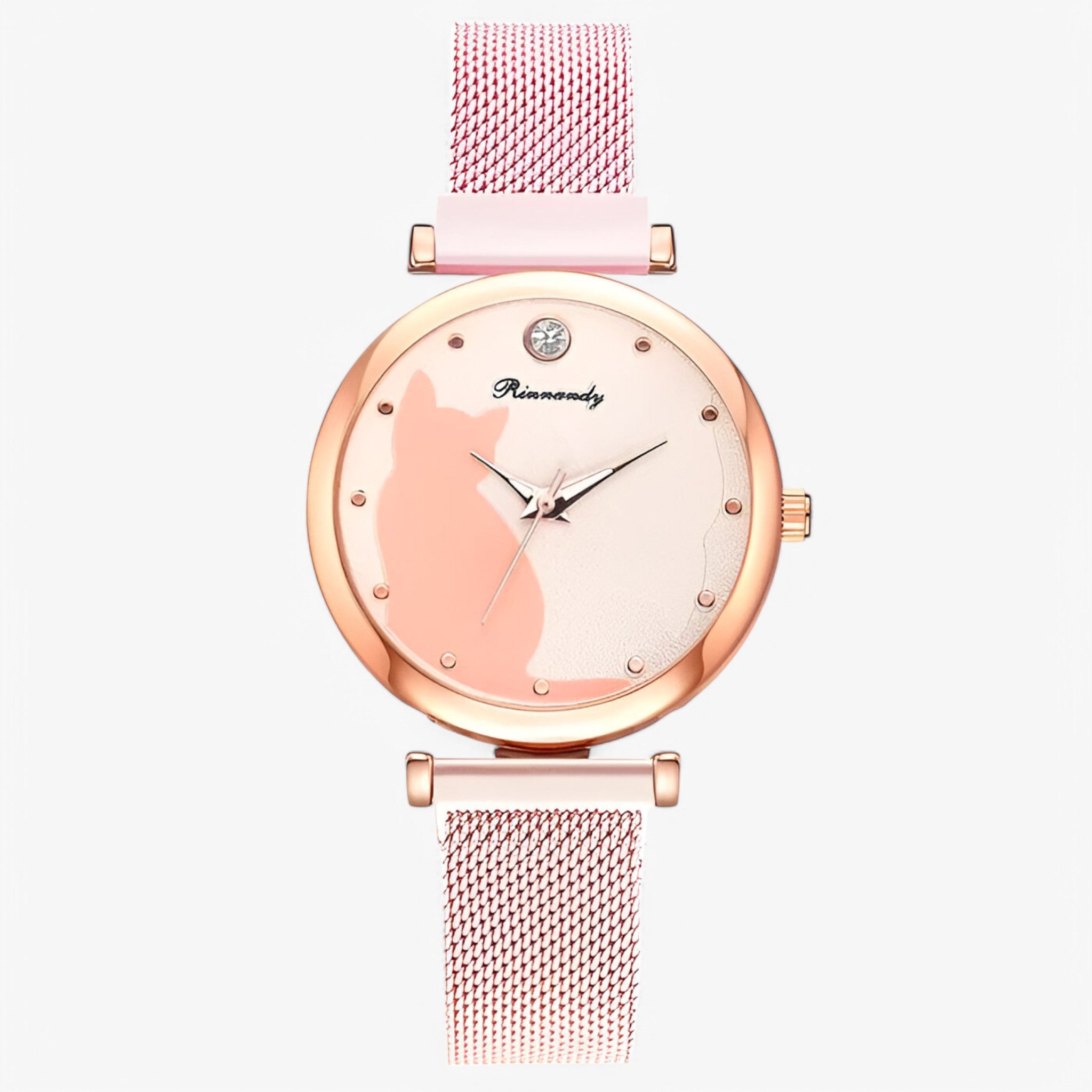 Skylar | Orologio da donna con quadrante a forma di gatto e cinturino in maglia – Set da 5 pezzi - Rosa - female watch watch for women - Concept Palermo