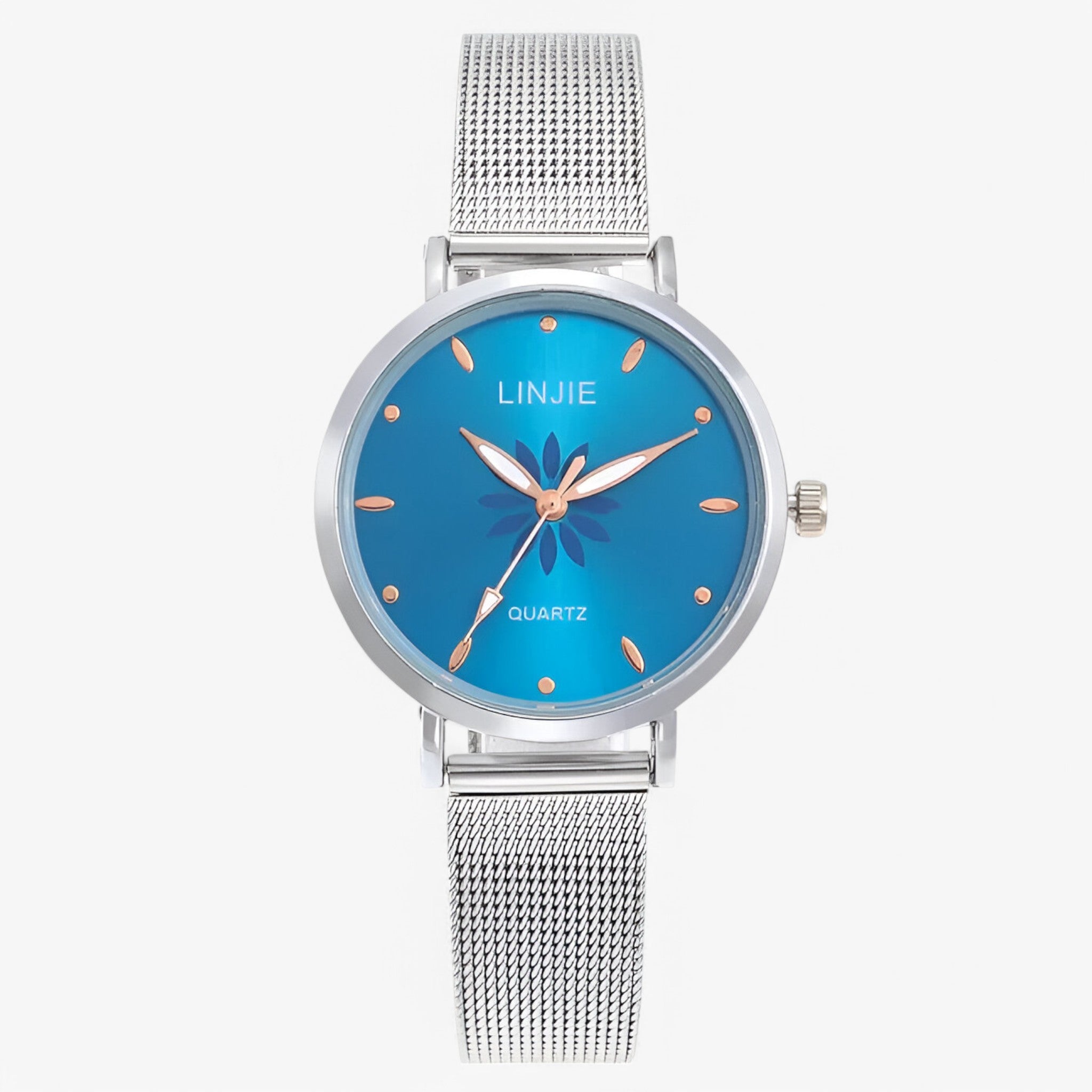 Emma | Orologio minimalista in argento con fiori e cinturino in acciaio - Blu - female watch watch for women - Concept Palermo