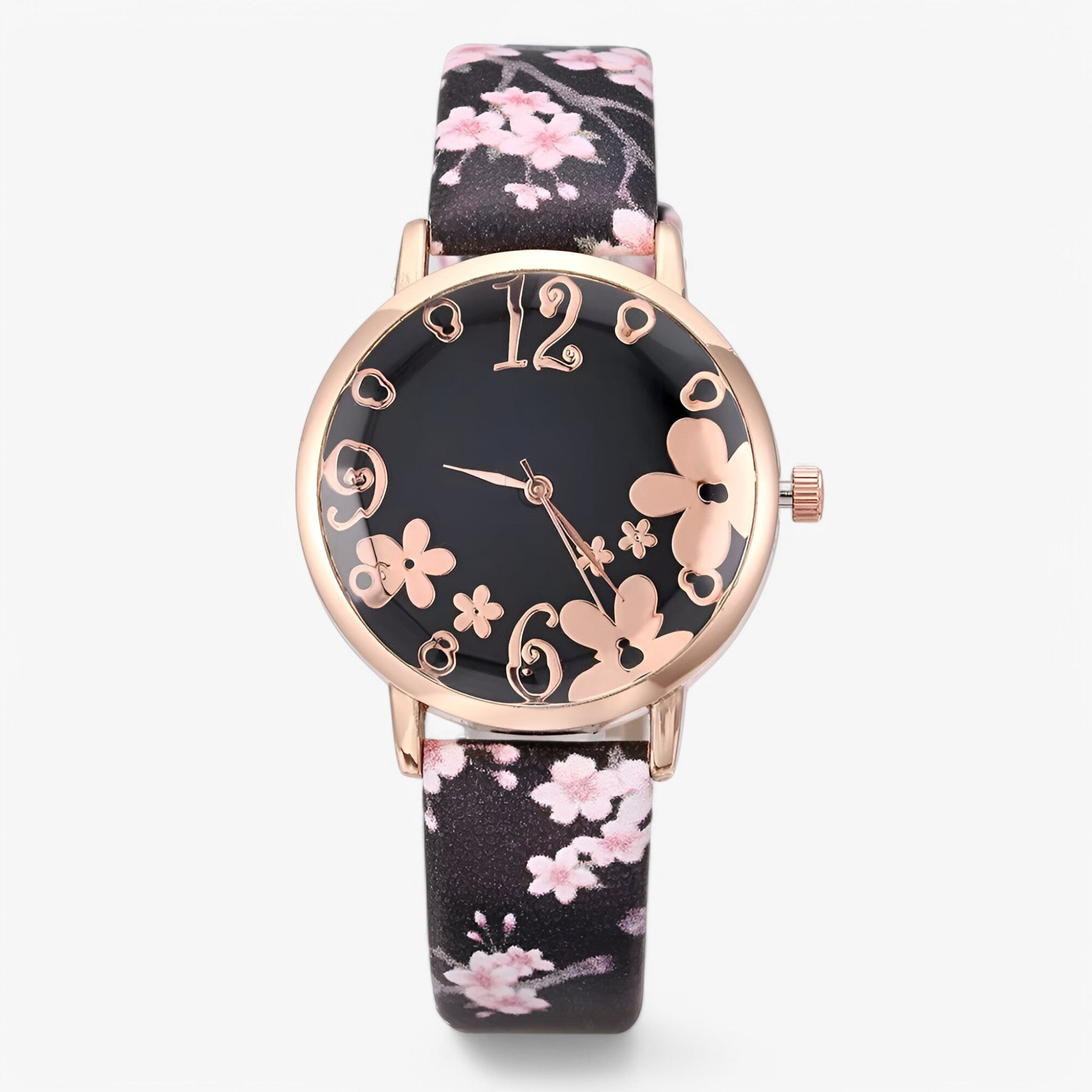 Kimberly | Orologio da donna in pelle con quadrante floreale e bracciale coordinato - Nera - female watch watch for women - Concept Palermo