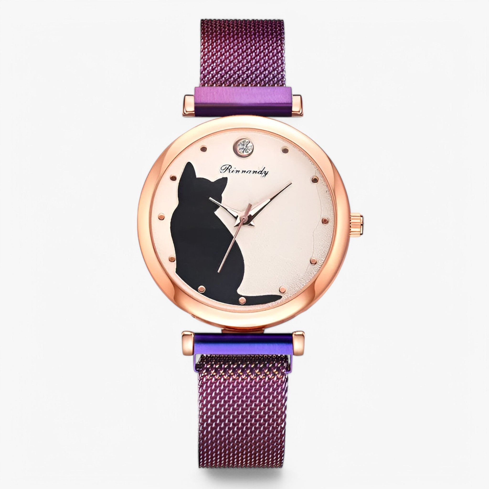 Skylar | Orologio da donna con quadrante a forma di gatto e cinturino in maglia – Set da 5 pezzi - Viola - female watch watch for women - Concept Palermo