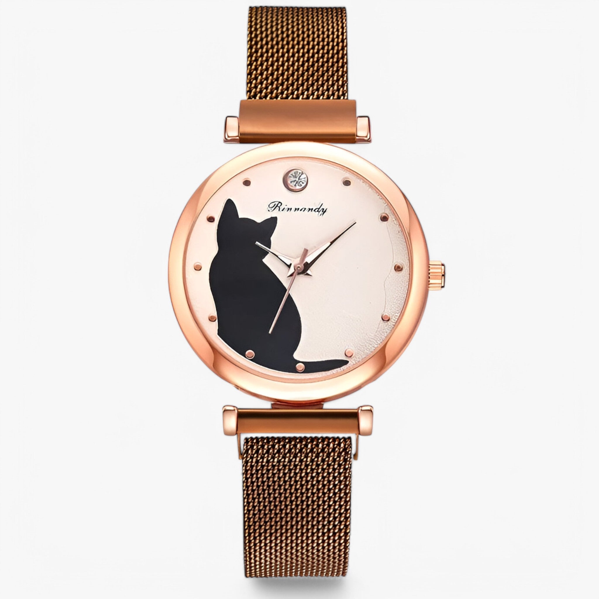 Skylar | Orologio da donna con quadrante a forma di gatto e cinturino in maglia – Set da 5 pezzi - Marrone - female watch watch for women - Concept Palermo