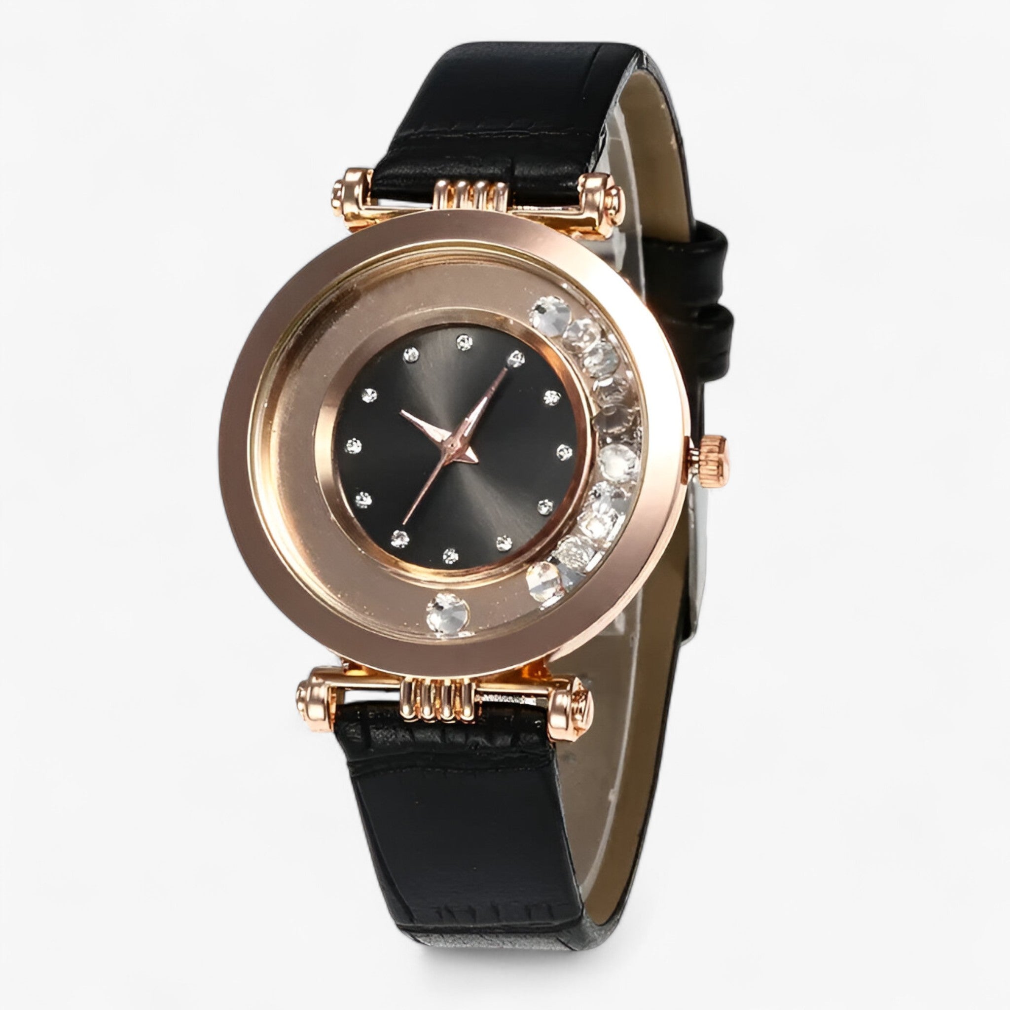 Božena | Orologio elegante da donna con cinturino in pelle e fibbia con strass - Nera - - Concept Palermo