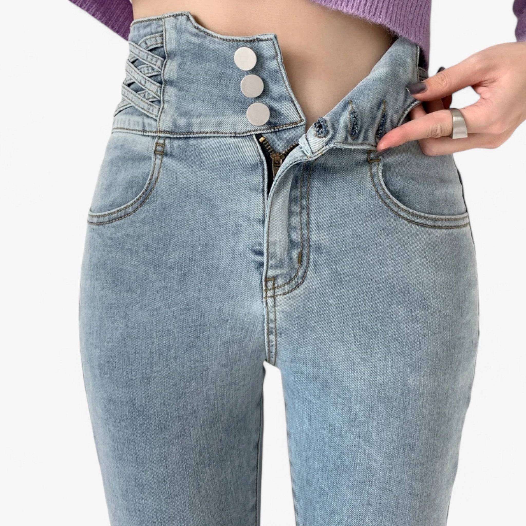Nina | Jeans skinny a matita - Elastico sottile per una vestibilità più snella - Azzurro Chiaro 3 Bottoni - pants pants for women Pants women women pants - Concept Palermo