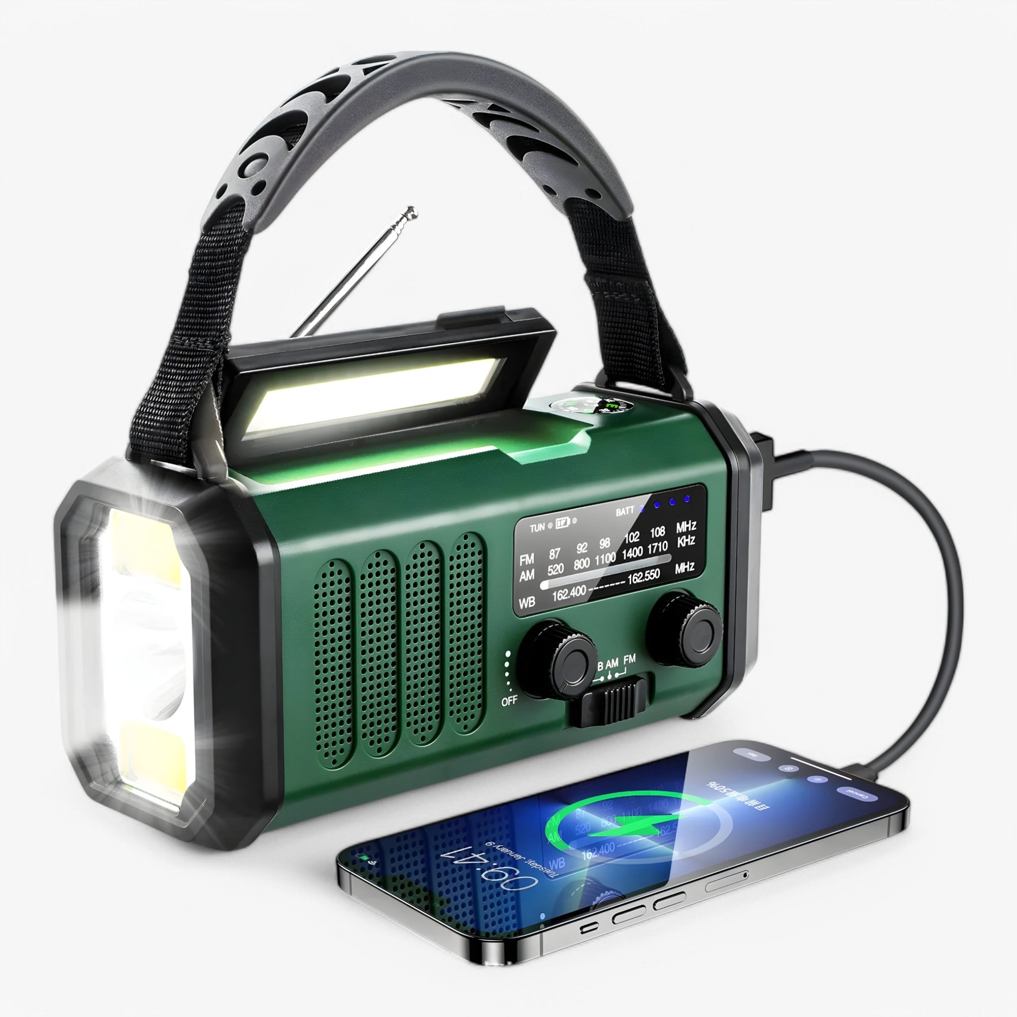 Oliver | Radio Portatile con Manovella - Verde - AM FM weer radio compacte radio voor kamperen draagbare noodradio emergent radio handcrank radio LED zaklamp radio noodcommunicatie noodvoorzieningen powerbank functie zonne-energie radio - Concept Palermo