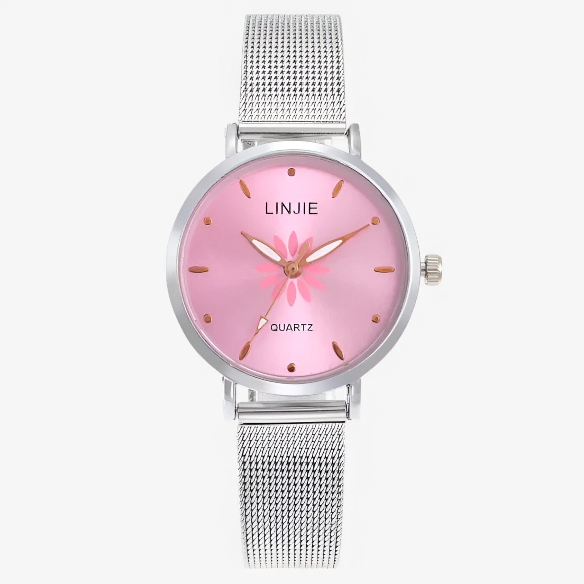 Emma | Orologio minimalista in argento con fiori e cinturino in acciaio - Rosa - female watch watch for women - Concept Palermo