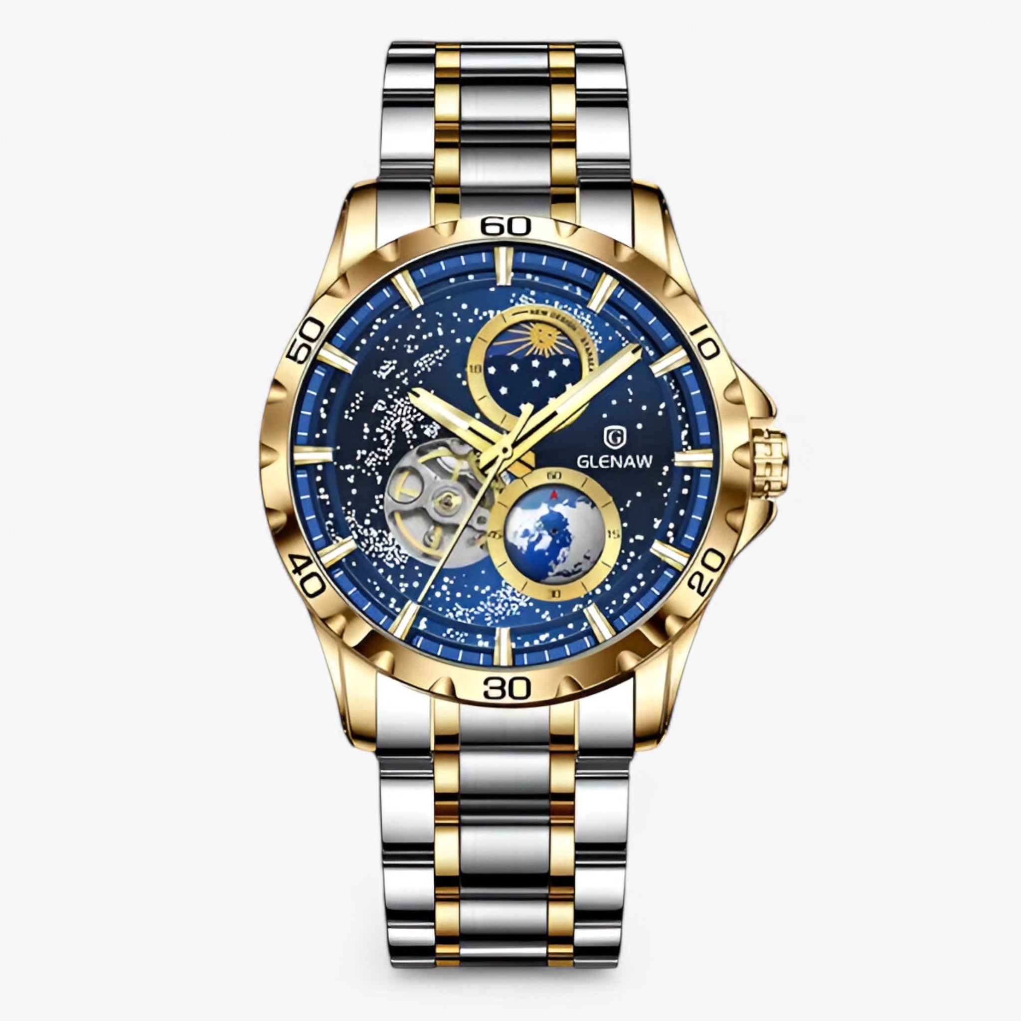 Jareth | Orologio Meccanico Fasi Lunari in Acciaio Inossidabile - Blu dorato - - Concept Palermo
