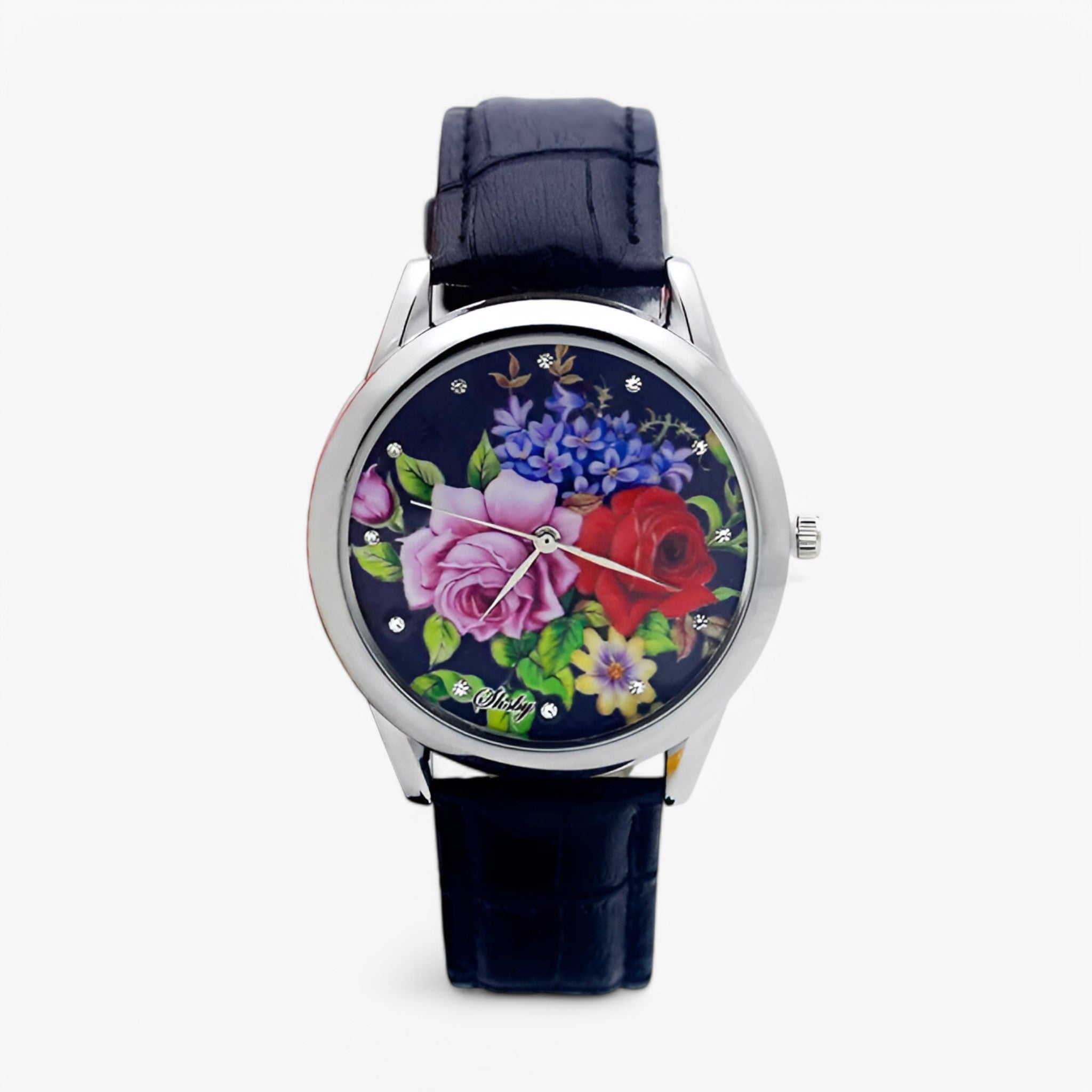Kaia | Orologio da donna con cinturino in pelle e quadrante floreale elegante - blu scuro - female watch watch for women - Concept Palermo
