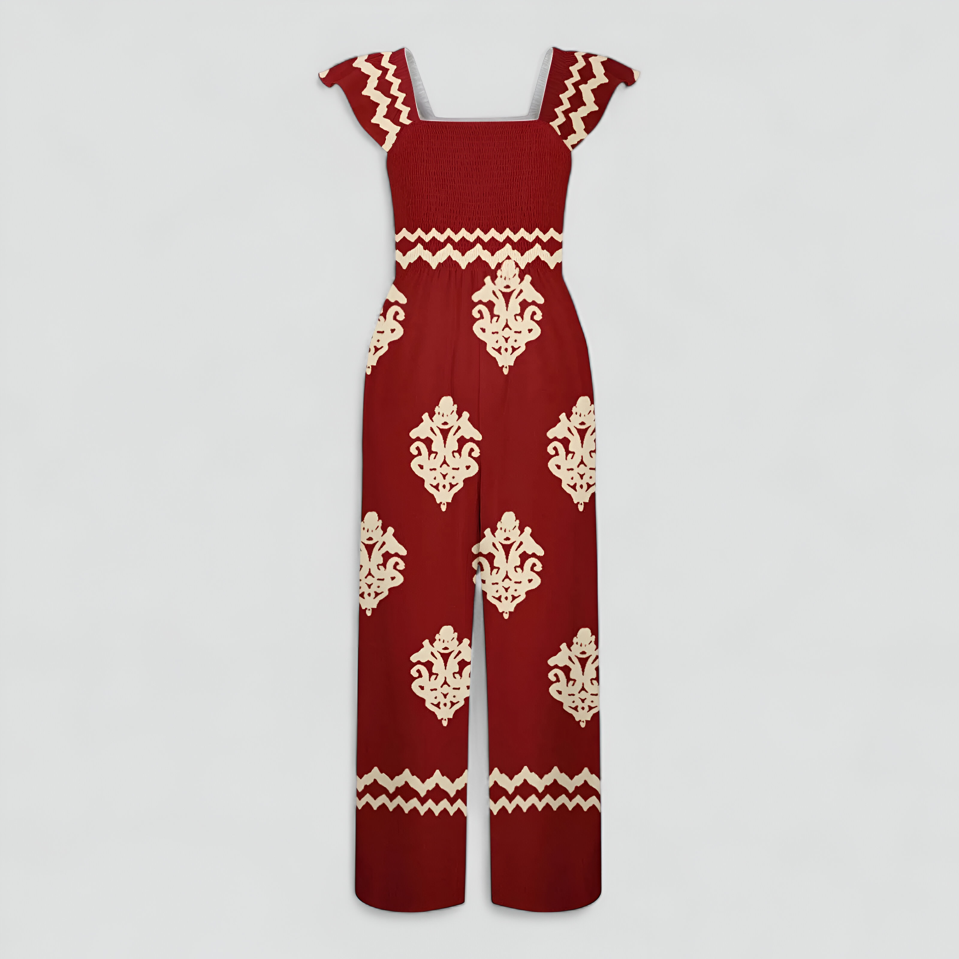 Tonia | Tuta Donna Bohemien a Vita Alta Gamba Larga - Rosso - abbigliamento casual moda estiva stile vintage tuta a vita alta tuta bohemien tuta con maniche a cappuccio tuta donna tuta elegante tuta gamba larga tuta leggera - Concept Palermo