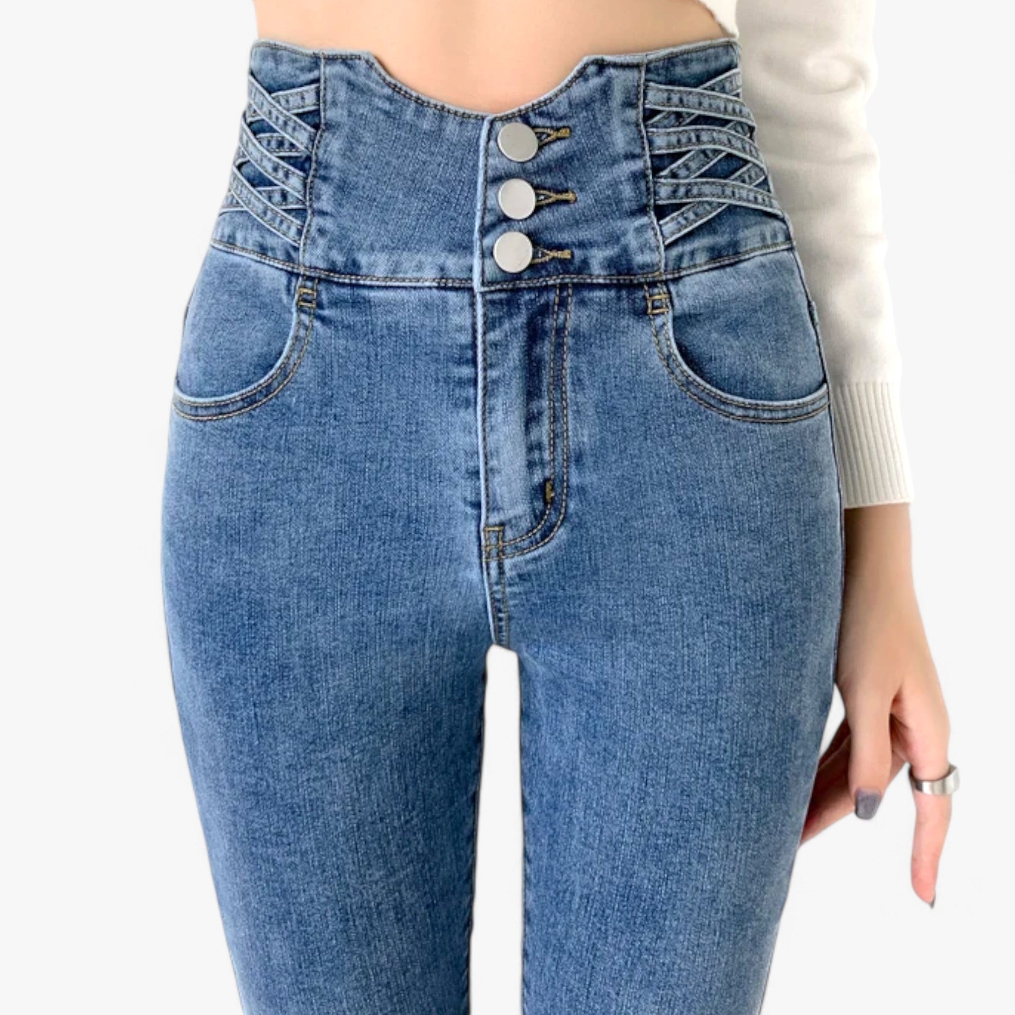 Nina | Jeans skinny a matita - Elastico sottile per una vestibilità più snella - Blu Scuro 3 Bottoni - pants pants for women Pants women women pants - Concept Palermo