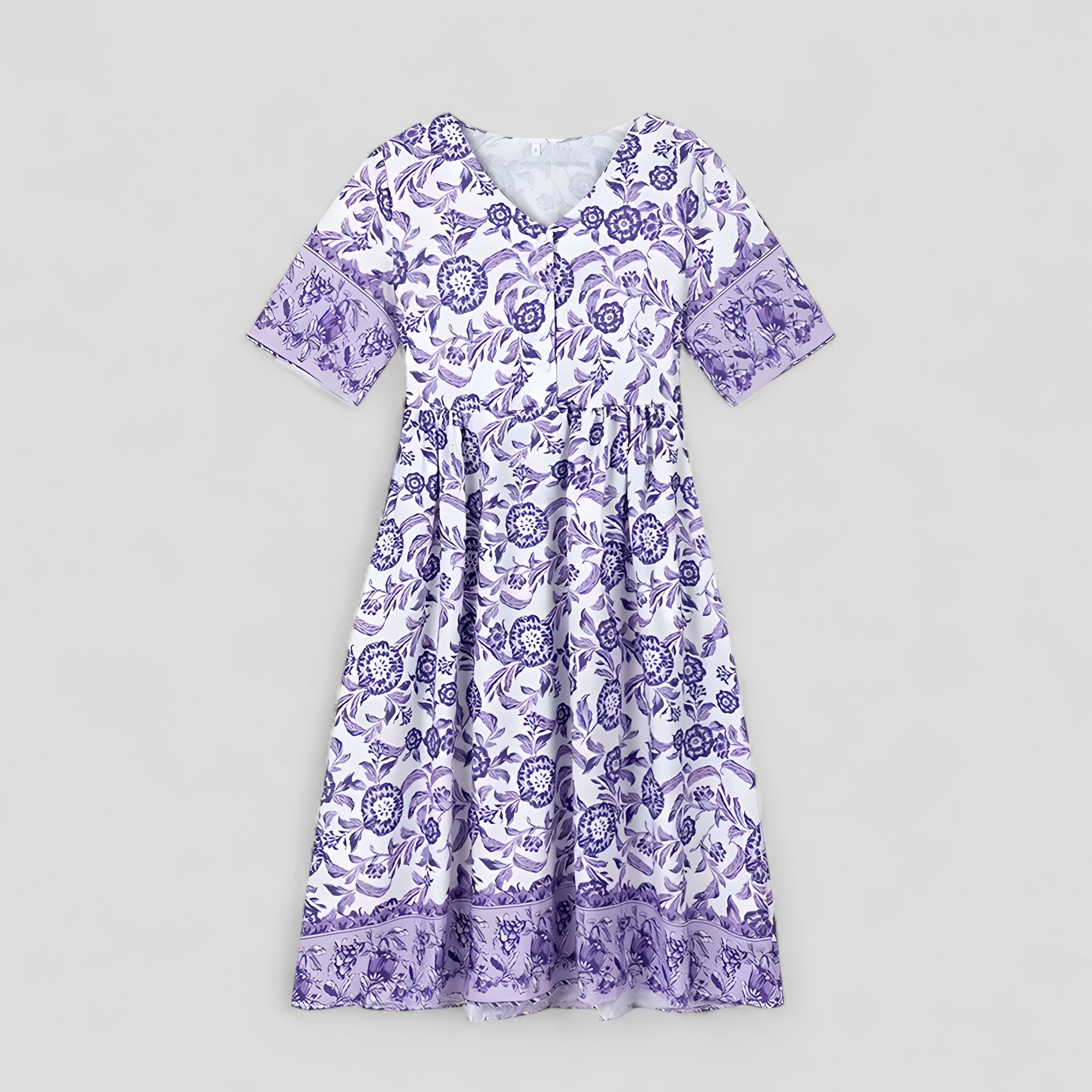 Micola | Abito Estivo Donna Con Stampa Floreale - Porpora - abito elegante abito estivo abito floreale fashion estate moda femminile scollo a V stile estivo tessuto leggero vestito comodo vestito lavabile - Concept Palermo