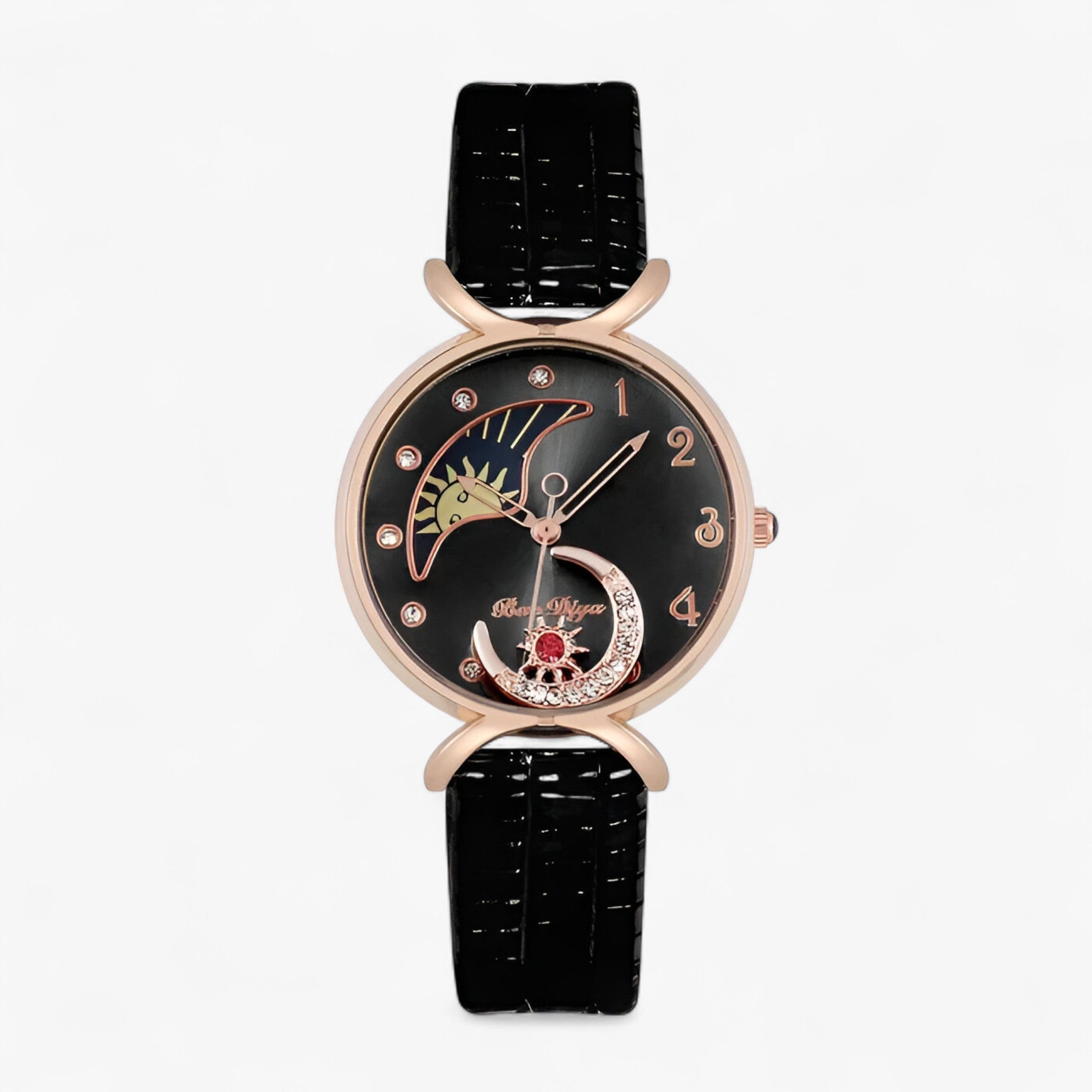 Lucia | Orologio da donna di lusso al quarzo con cinturino in pelle e luna mobile - Nera - female watch watch for women - Concept Palermo