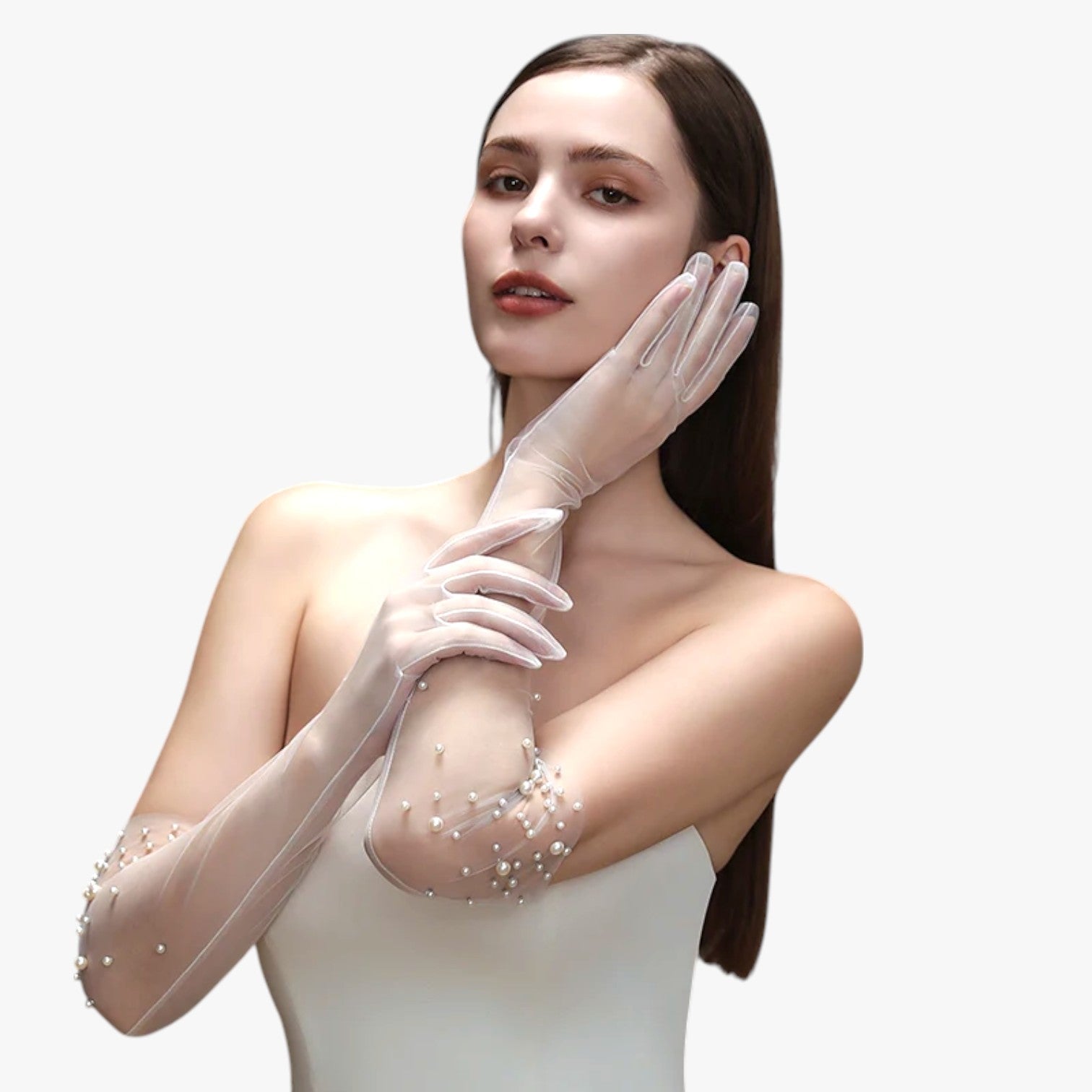 Vivian | Guanti da Sposa Eleganti in Tulle con Perline Raffinatezza Lunga e Leggera - - gloves - Concept Palermo