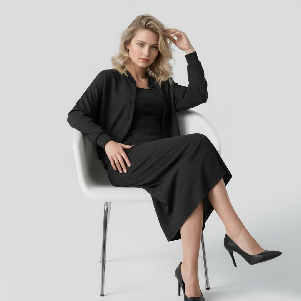 Acadia | Abito Midi Elegante con Cardigan Abbinato - - abbigliamento casual abito midi abito versatile cardigan elegante moda femminile outfit formale stile comodo tessuto di alta qualità - Concept Palermo