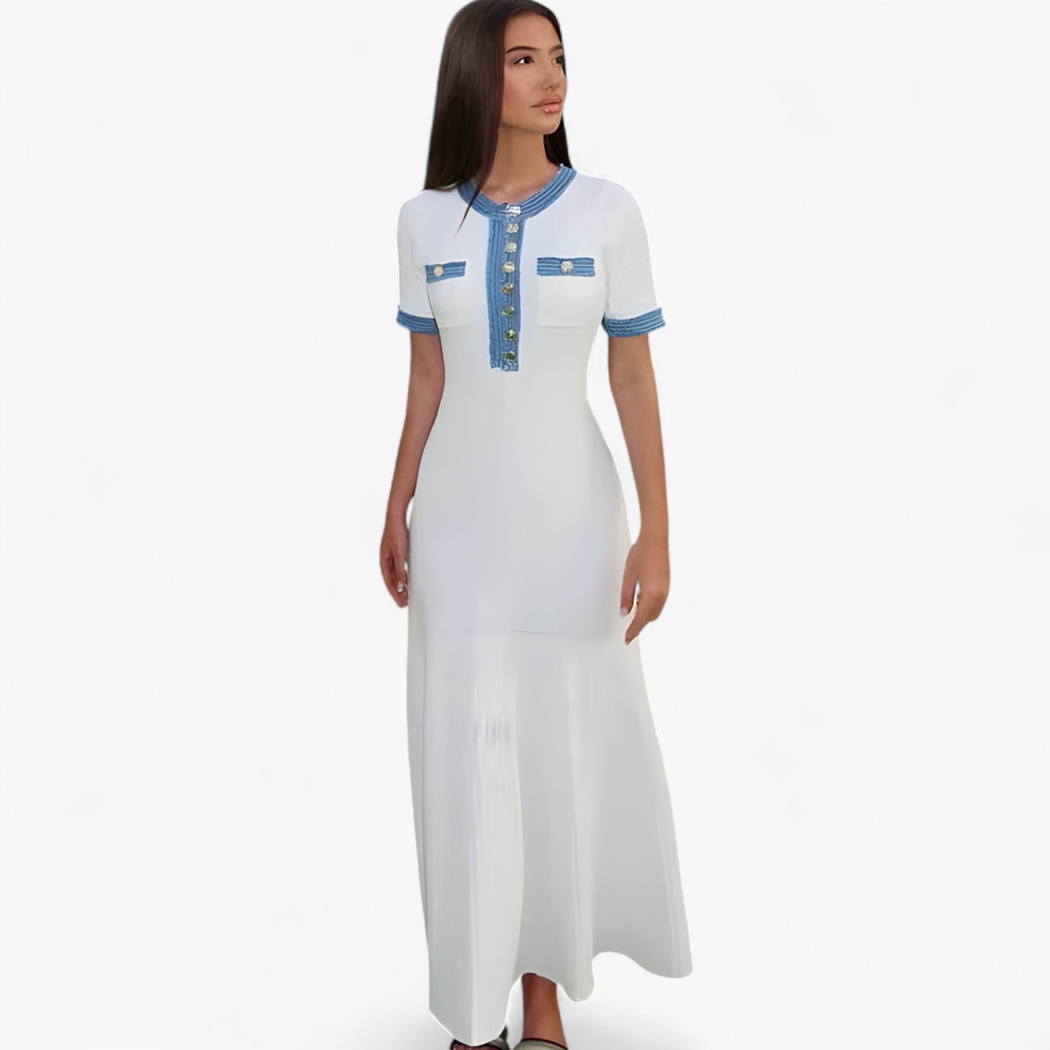 Lucia | Abito lungo in maglia bianca con finiture in denim - - Dresses female dress Maxi Dresses - Concept Palermo