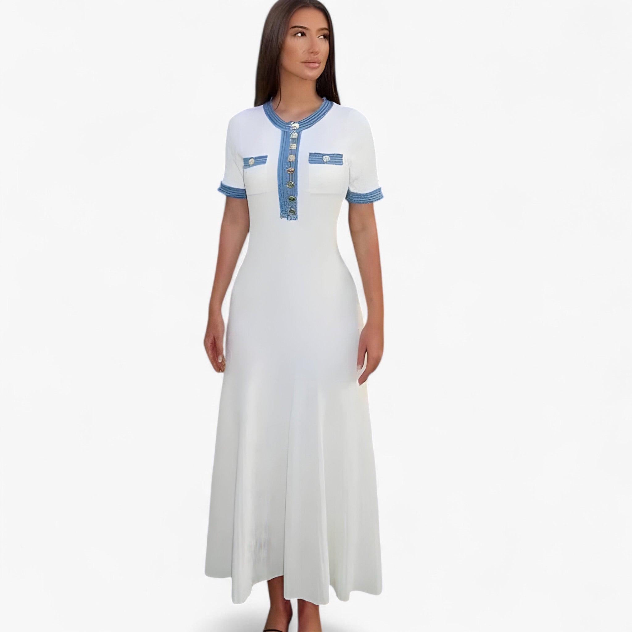 Lucia | Abito lungo in maglia bianca con finiture in denim - - Dresses female dress Maxi Dresses - Concept Palermo