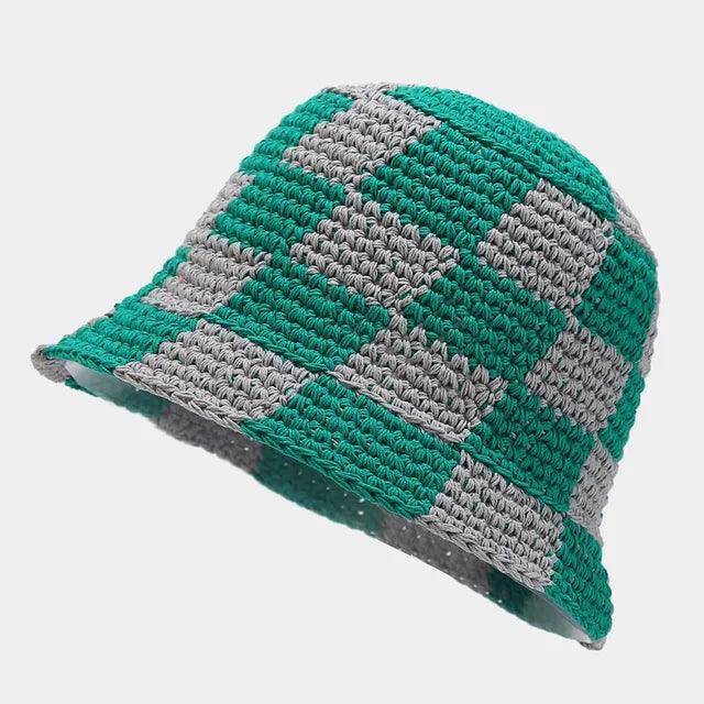 EVA - Cappello da pescatore all'uncinetto fatto a mano da donna con motivo a scacchi - Verde e bianco Una misura - - Concept Palermo