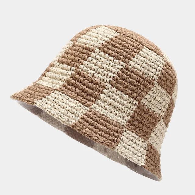 EVA - Cappello da pescatore all'uncinetto fatto a mano da donna con motivo a scacchi - Marrone e bianco Una misura - - Concept Palermo