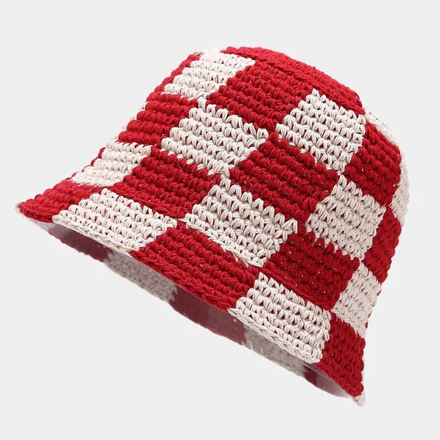 EVA - Cappello da pescatore all'uncinetto fatto a mano da donna con motivo a scacchi - Rosso e bianco Una misura - - Concept Palermo