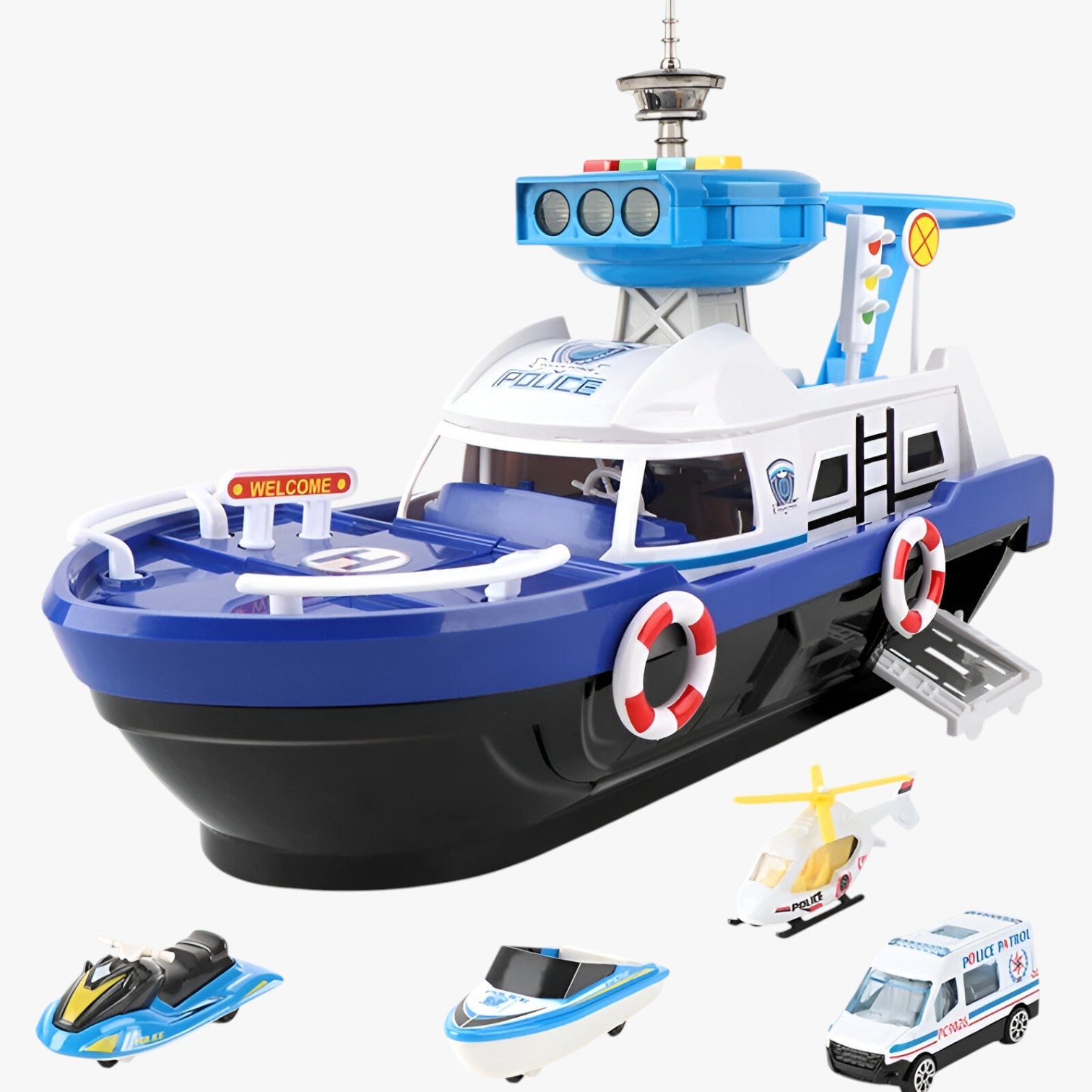 Drew | Nave giocattolo musicale luminosa con propulsione a inerzia - Blue ship with 4 car - kids toys toys toys & gifts TOYS AND GAMES toys for kids - Concept Palermo