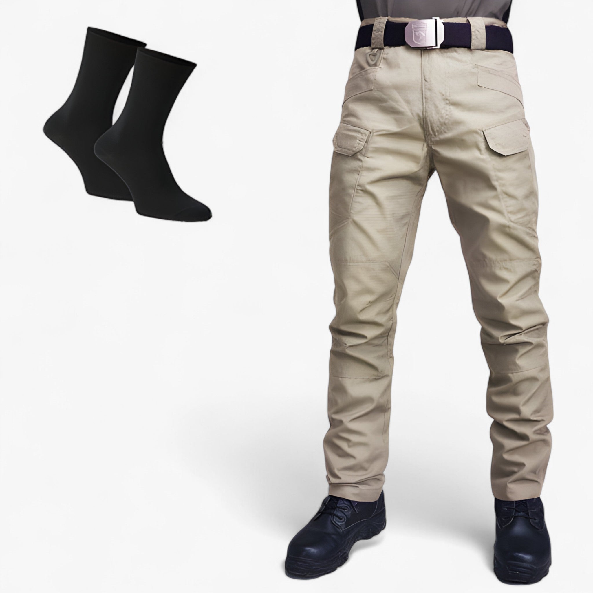 Leo | Pantaloni Tattici in Poliestere Traspiranti da Uomo - Beige + 2 Paia di Calzini in Bambù - arbejdsbukser elastisk pasform fritidsbukser funktionelle bukser holdbare bukser komfortable bukser rummelige lommer sportbukser til mænd taktiske bukser udendørs bukser - Concept Palermo