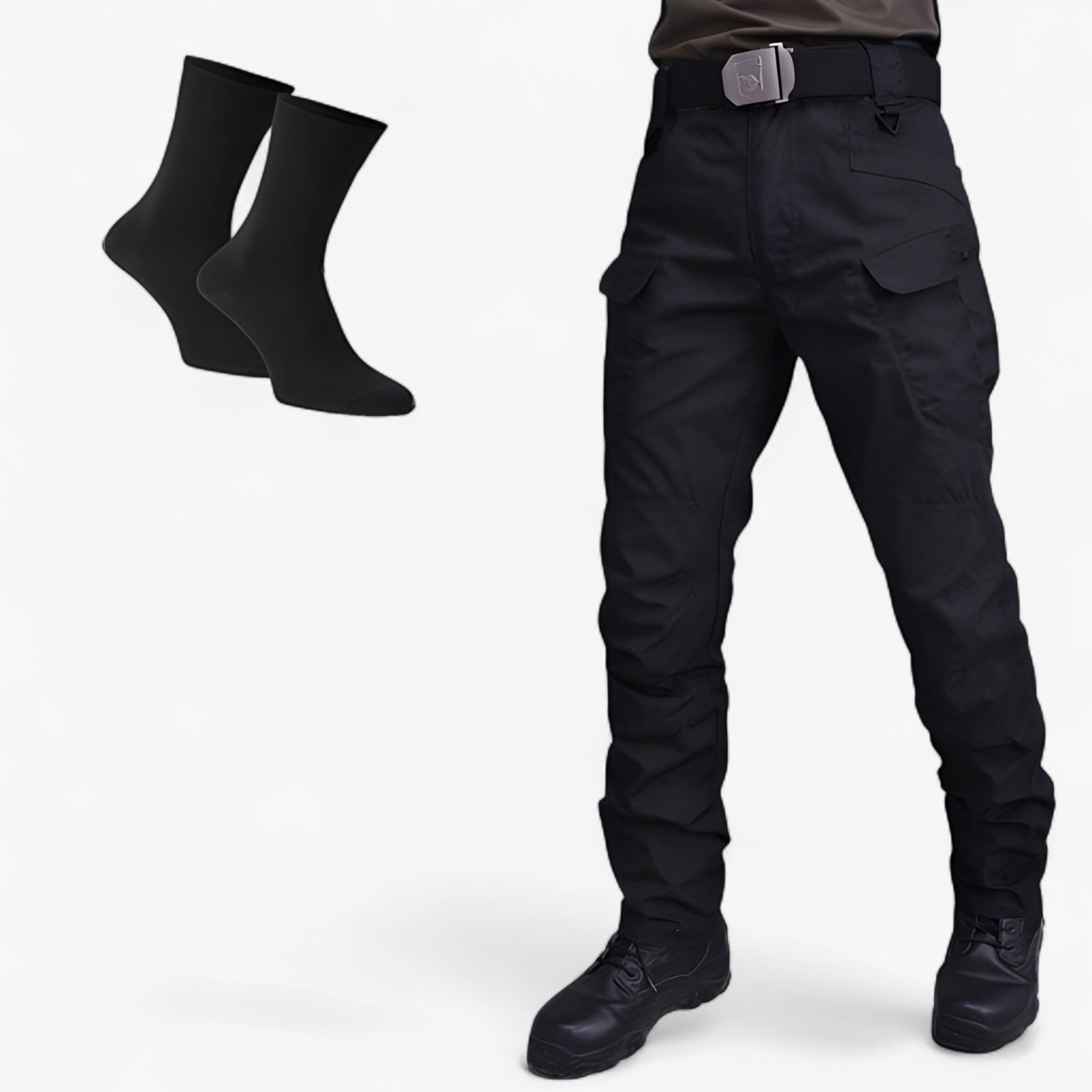 Leo | Pantaloni Tattici in Poliestere Traspiranti da Uomo - SCURO + 2 Paia di Calzini in Bambù - arbejdsbukser elastisk pasform fritidsbukser funktionelle bukser holdbare bukser komfortable bukser rummelige lommer sportbukser til mænd taktiske bukser udendørs bukser - Concept Palermo