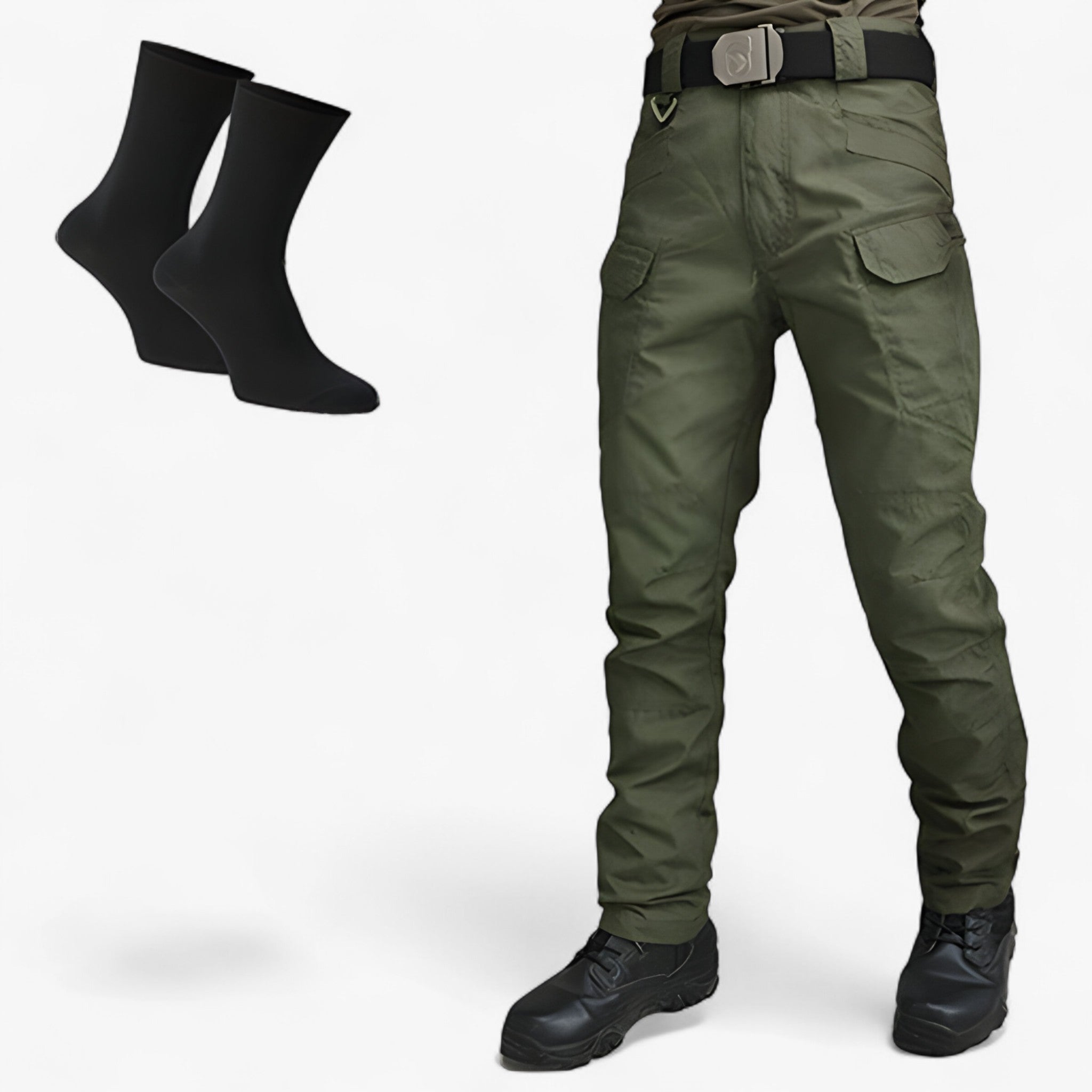 Leo | Pantaloni Tattici in Poliestere Traspiranti da Uomo - Verde + 2 Paia di Calzini in Bambù - arbejdsbukser elastisk pasform fritidsbukser funktionelle bukser holdbare bukser komfortable bukser rummelige lommer sportbukser til mænd taktiske bukser udendørs bukser - Concept Palermo