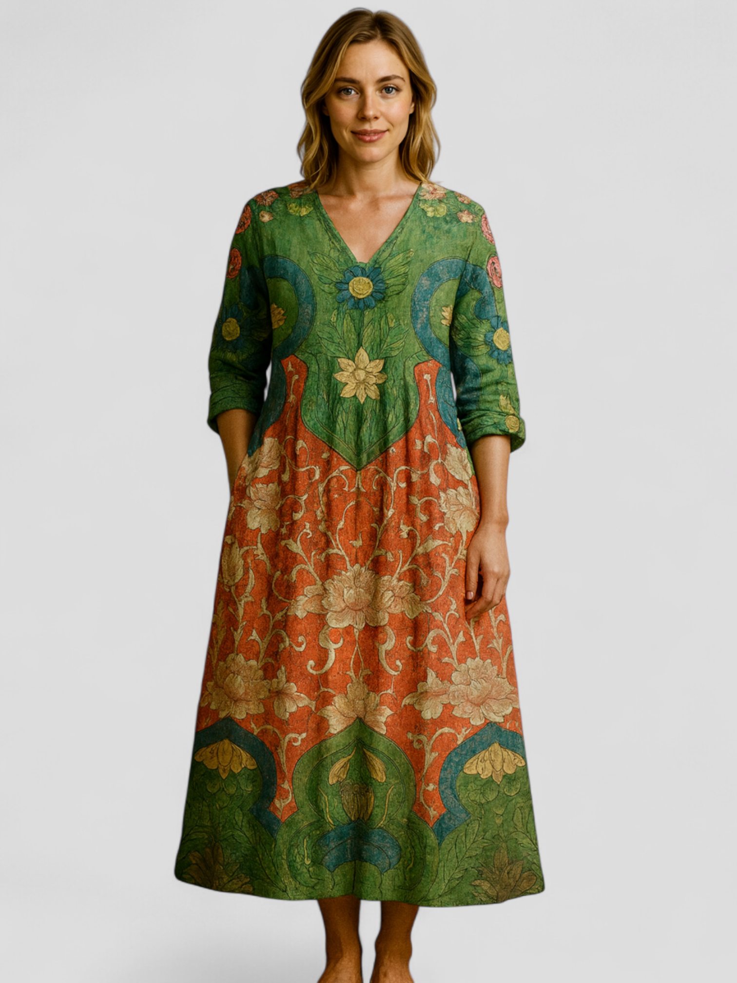 Meliore | Vestito Lungo Floreale Elegante da Donna - - abbigliamento femminile cotone traspirante moda elegante scollatura a V silhouette maxi stile vintage vestito floreale vestito lungo - Concept Palermo