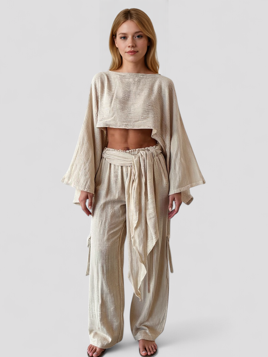 Pamina | Set Estivo in Lino per Donna Elegante - - abbigliamento estivo comfort estivo completo lino look naturale moda sostenibile pantaloni alti set estivo set in lino stile elegante top cropped - Concept Palermo