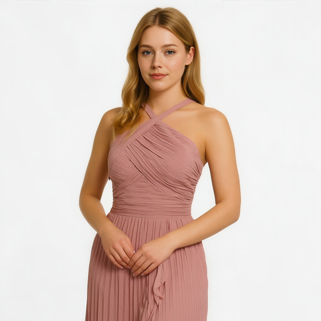 Aurie | Abito Elegante da Donna in Lilla - - abito elegante abito in lilla design versatile eleganza senza tempo manutenzione facile materiale leggero orlo asimmetrico plissettature artigianali spalline incrociate vestito da donna - Concept Palermo