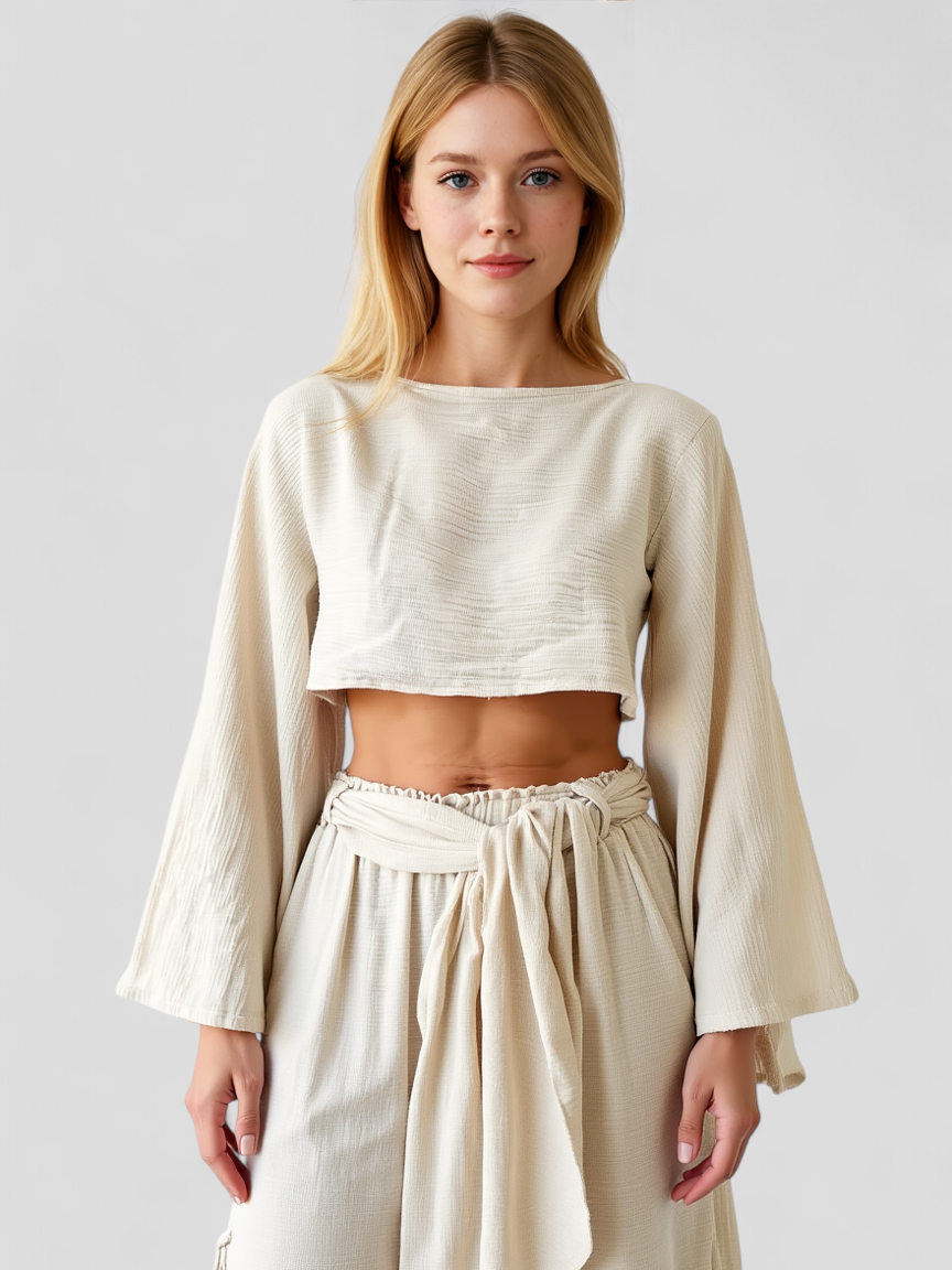 Pamina | Set Estivo in Lino per Donna Elegante - - abbigliamento estivo comfort estivo completo lino look naturale moda sostenibile pantaloni alti set estivo set in lino stile elegante top cropped - Concept Palermo
