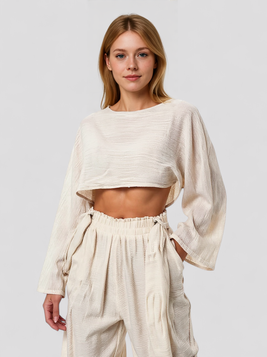 Pamina | Set Estivo in Lino per Donna Elegante - - abbigliamento estivo comfort estivo completo lino look naturale moda sostenibile pantaloni alti set estivo set in lino stile elegante top cropped - Concept Palermo