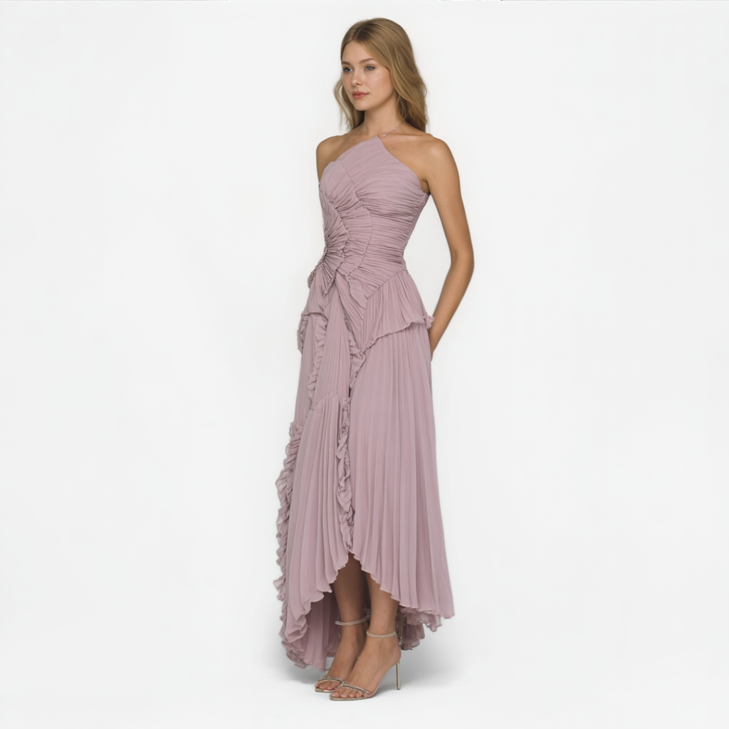 Aurie | Abito Elegante da Donna in Lilla - - abito elegante abito in lilla design versatile eleganza senza tempo manutenzione facile materiale leggero orlo asimmetrico plissettature artigianali spalline incrociate vestito da donna - Concept Palermo