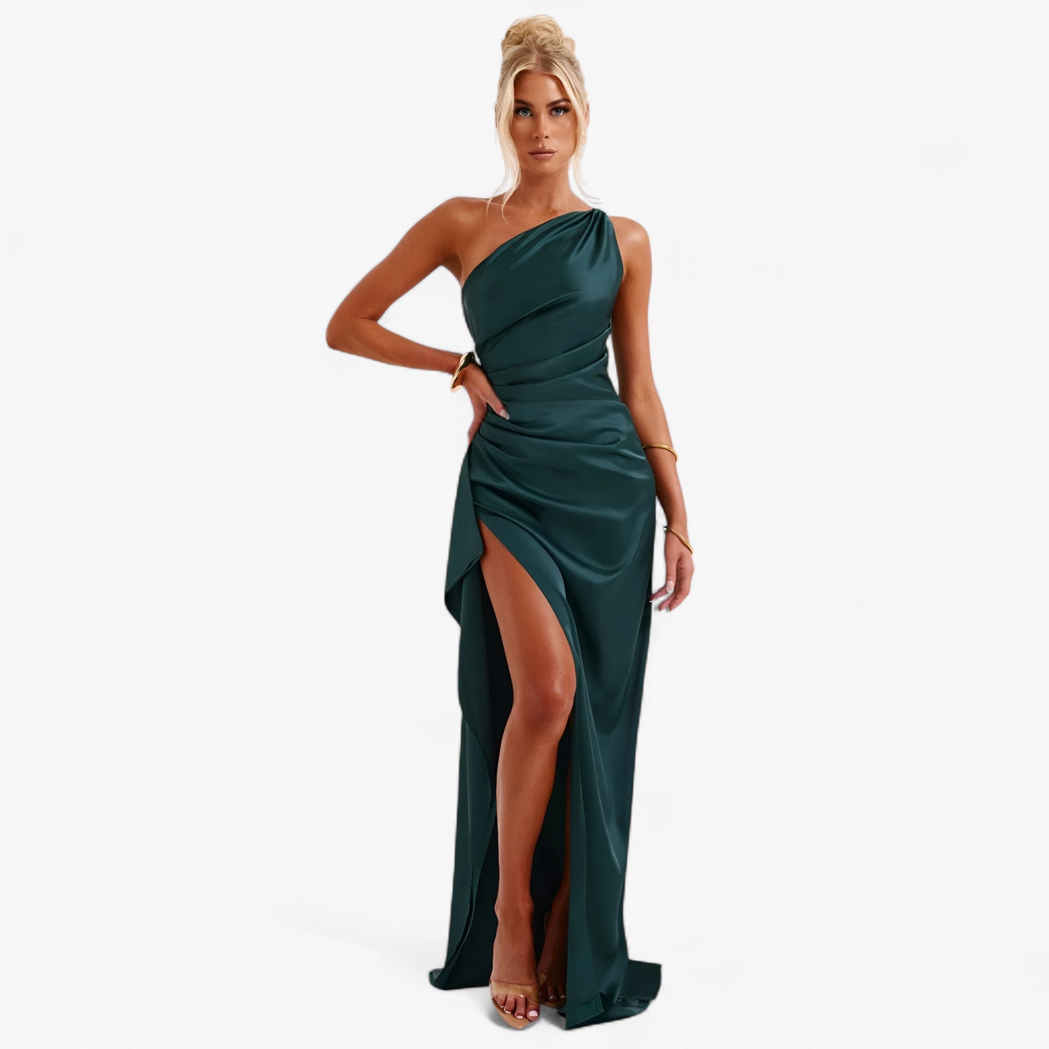Isolde – Abito da Sera Elegante in Satin, Asimmetrico con Spacco Alto - Verde scuro - DRESS Dresses female dress - Concept Palermo