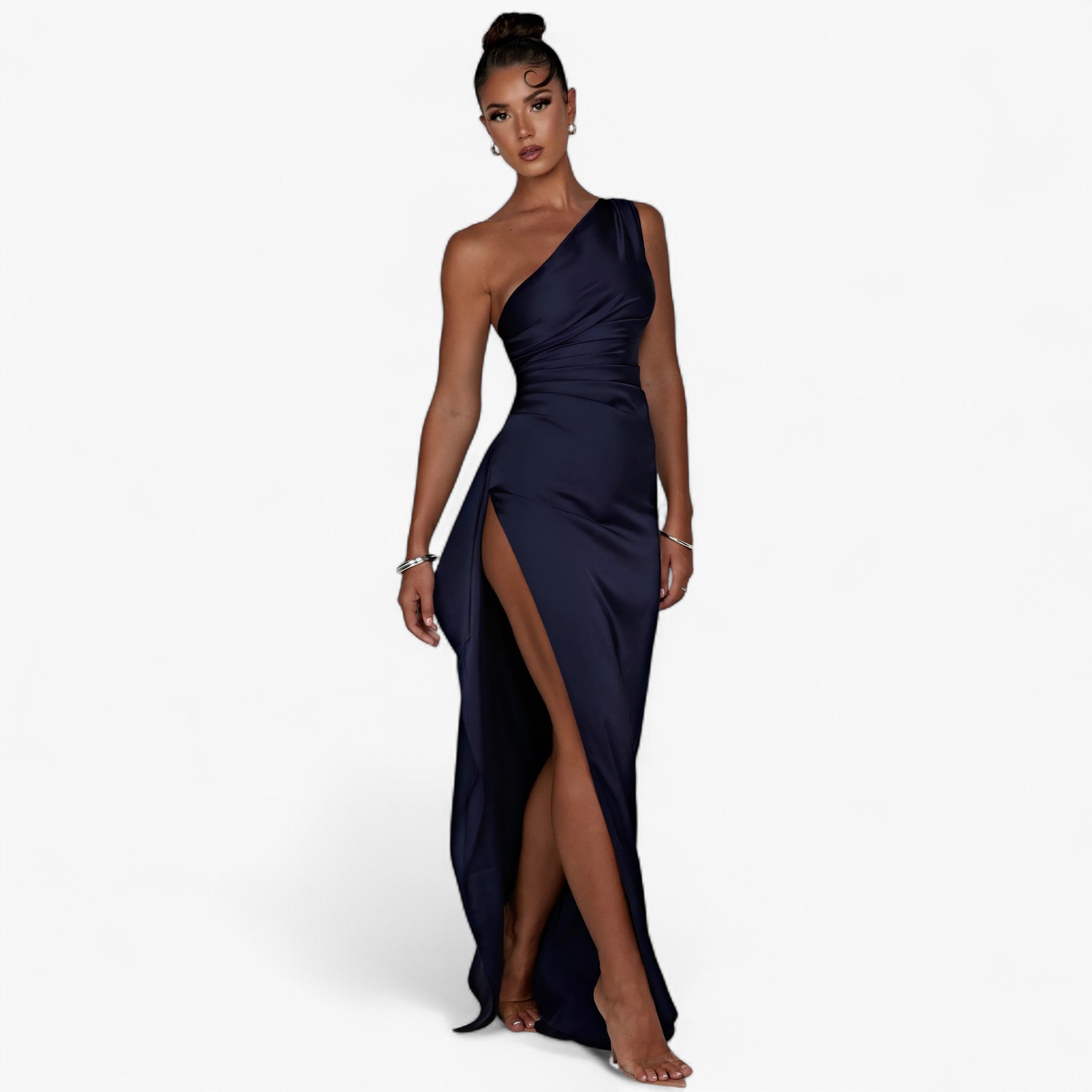 Isolde – Abito da Sera Elegante in Satin, Asimmetrico con Spacco Alto - Blu marine - DRESS Dresses female dress - Concept Palermo