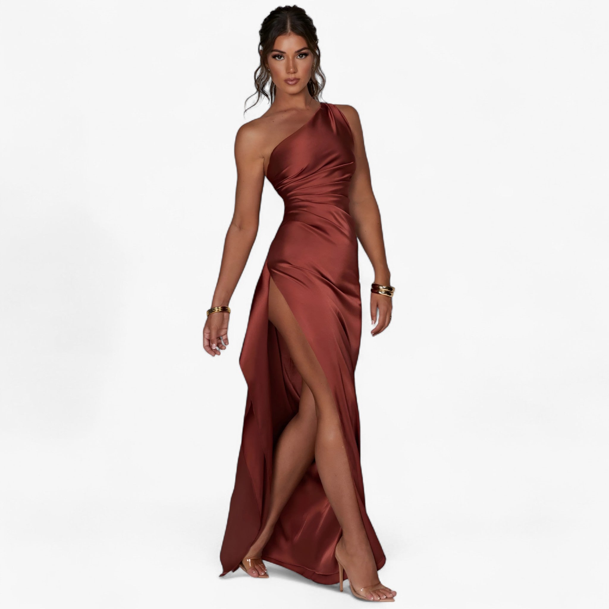 Isolde – Abito da Sera Elegante in Satin, Asimmetrico con Spacco Alto - Marrone - DRESS Dresses female dress - Concept Palermo