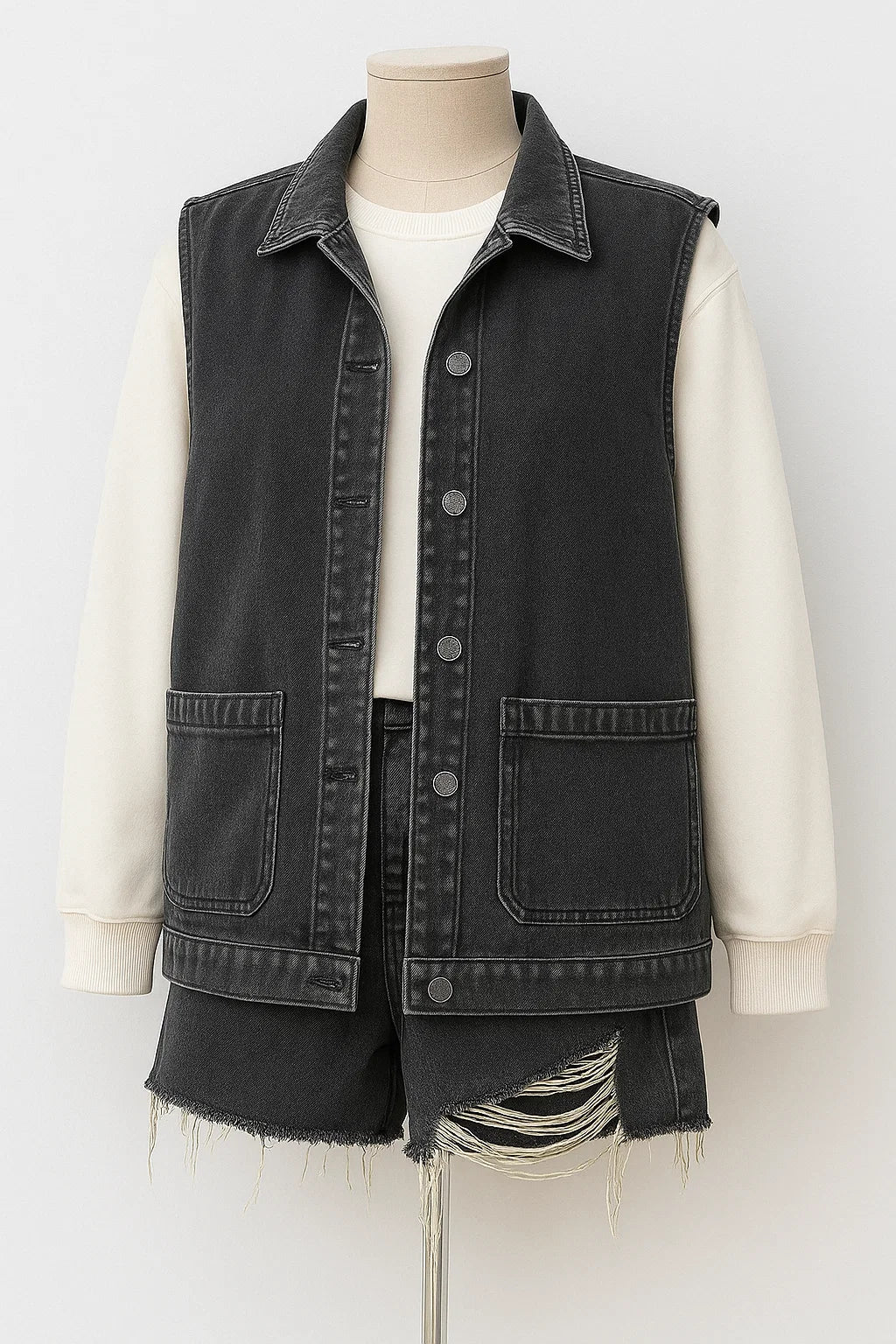 Natalia – Gilet in denim vintage casual con bottoni - Grigio scuro Solo gilet - denim vest vests - Concept Palermo