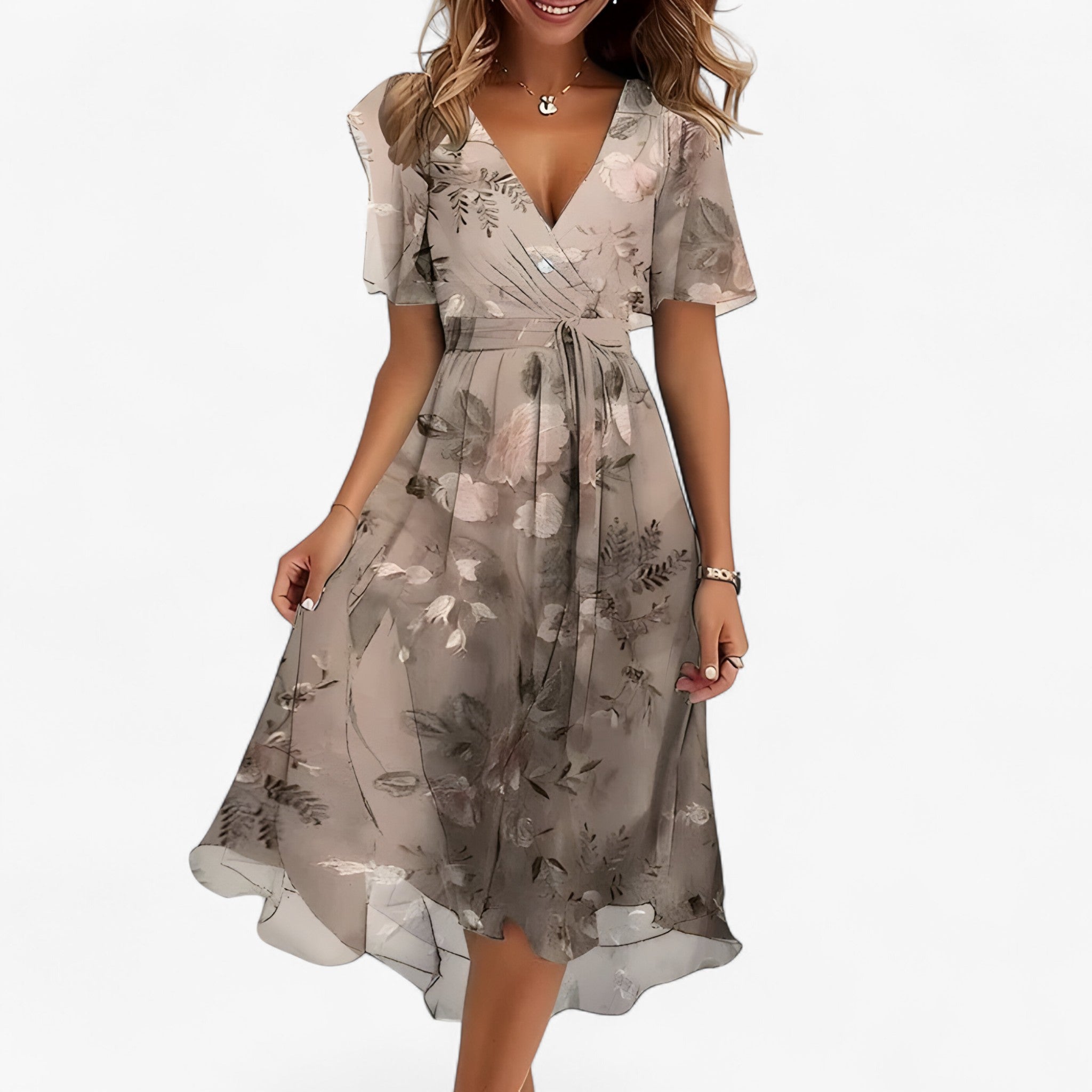 Emilia | Elegante abito midi con stampa floreale neutra - Marrone chiaro - DRESS Dresses female dress floral dresses - Concept Palermo