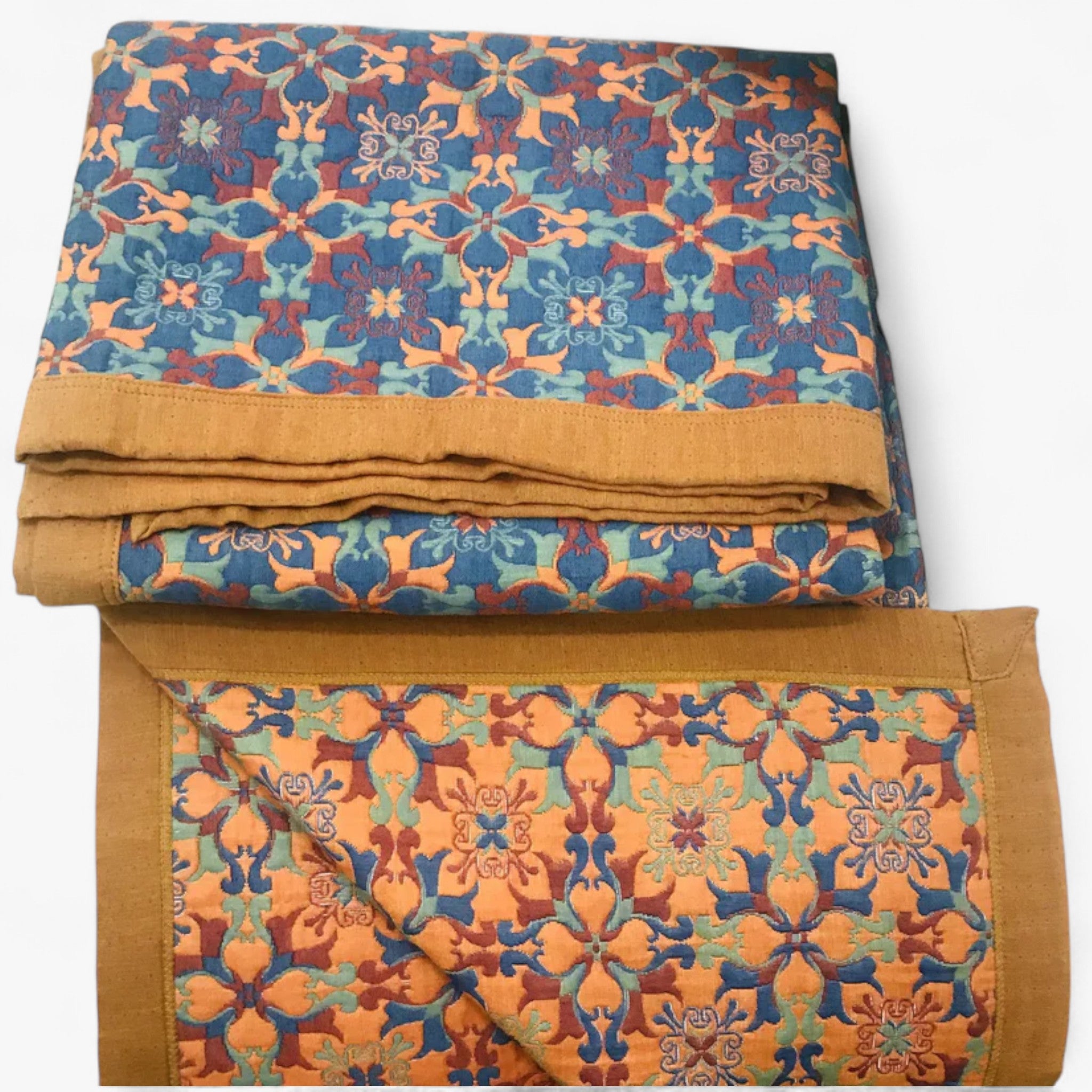 Stile etnico | Quilt in cotone a sei strati con motivo arancione e blu - - Blanket comforter quilts - Concept Palermo