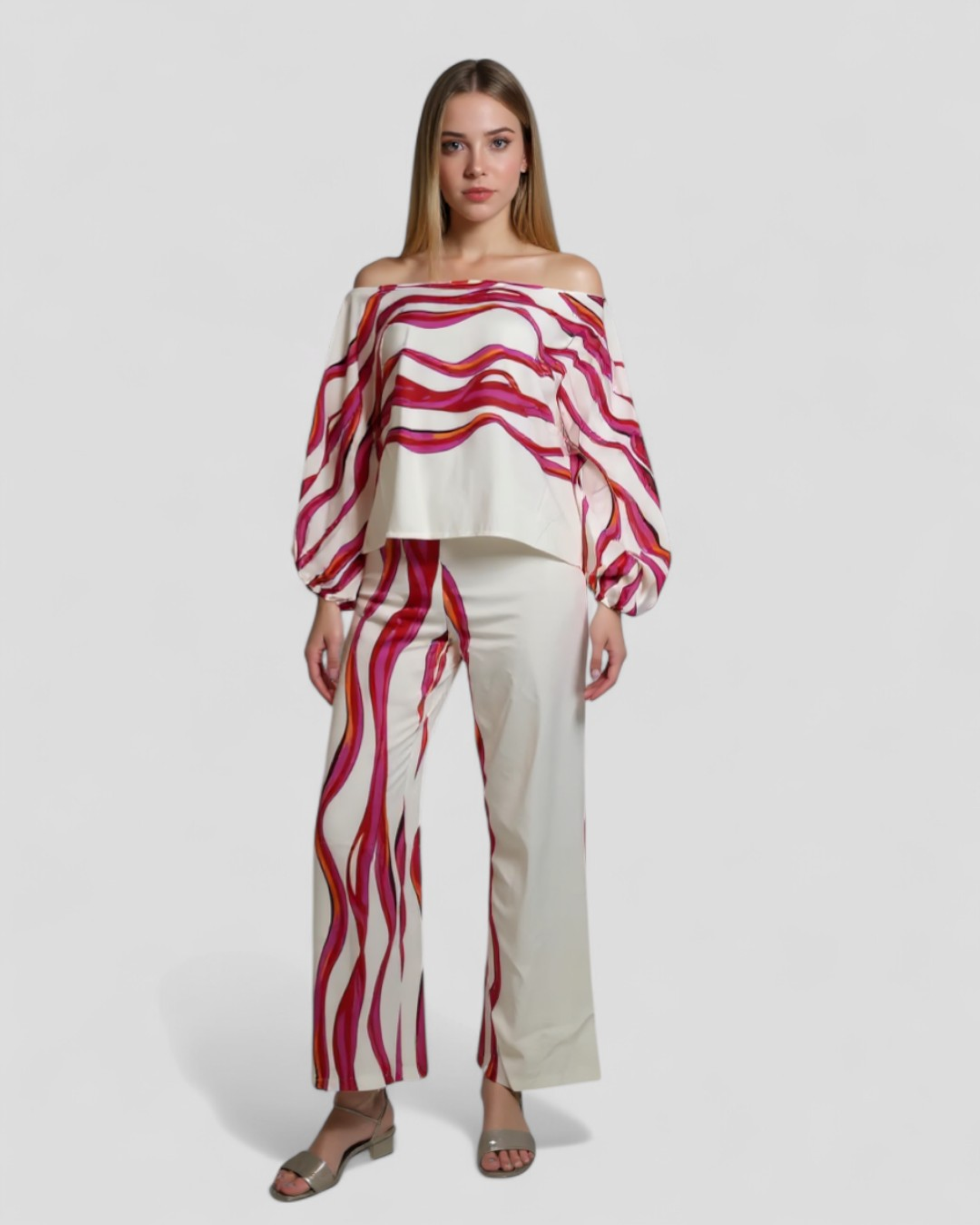 Jane | Completo a gamba larga con spalle scoperte - Stampa vibrante a fiori, vestibilità fluida - - Bestseller Sets Woman - Concept Palermo