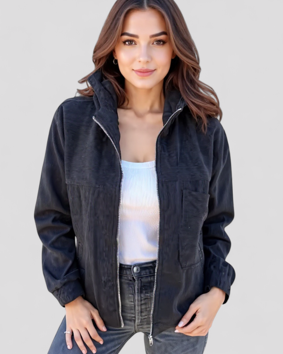 Vallea | Giacca Invernale Donna con Cappuccio in Velluto - - abbigliamento donna cappuccio giacca calda giacca comoda giacca con zip giacca donna giacca per inverno giacca velluto a coste giacca versatile stile retrò - Concept Palermo