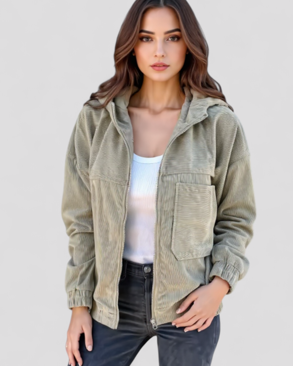 Vallea | Giacca Invernale Donna con Cappuccio in Velluto - - abbigliamento donna cappuccio giacca calda giacca comoda giacca con zip giacca donna giacca per inverno giacca velluto a coste giacca versatile stile retrò - Concept Palermo