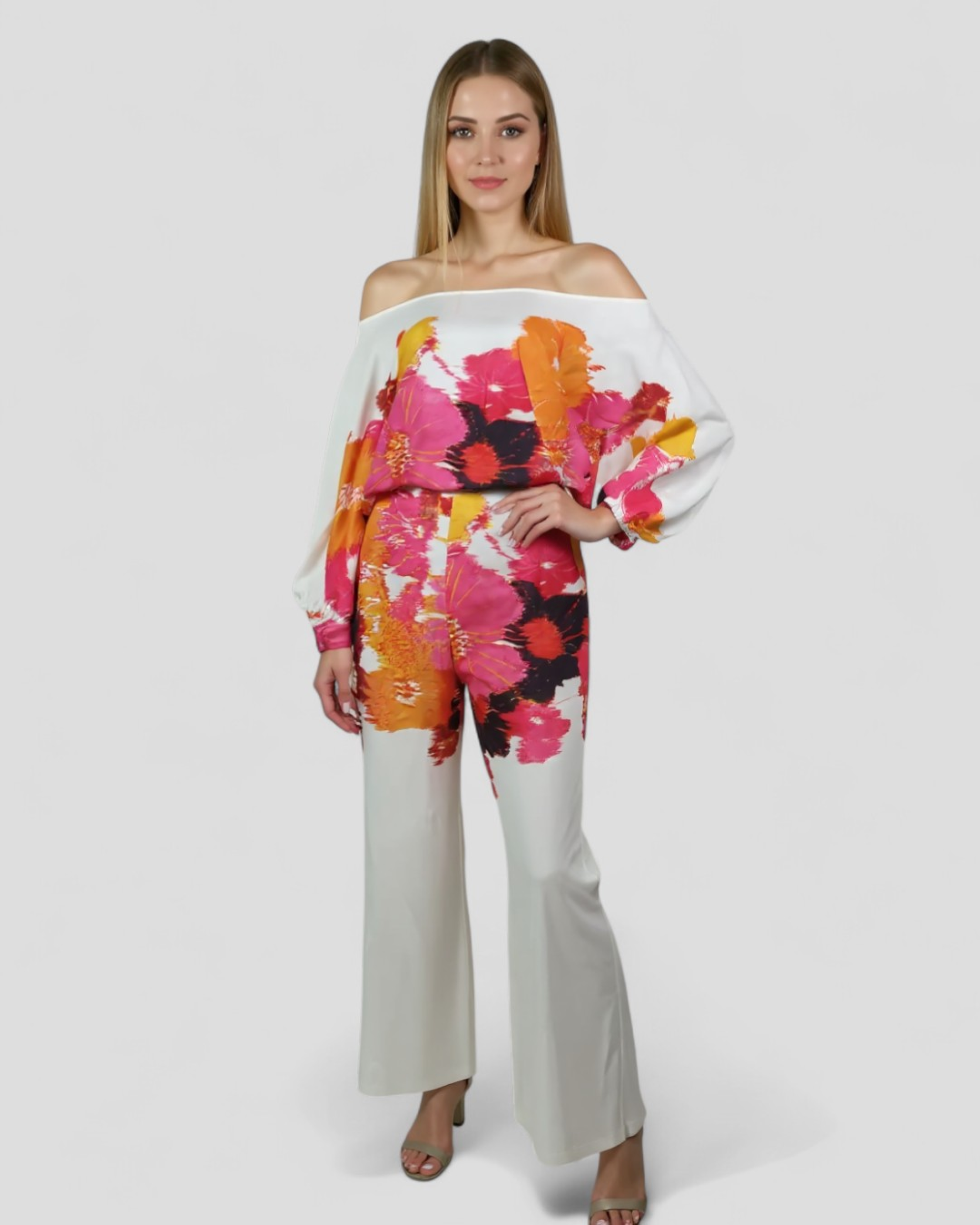 Jane | Completo a gamba larga con spalle scoperte - Stampa vibrante a fiori, vestibilità fluida - - Bestseller Sets Woman - Concept Palermo