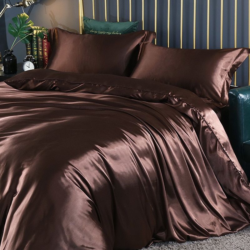 Set di lusso (4 pezzi) in seta/raso, copripiumino, 2 federe, lenzuolo - Marrone - Beddengoed Bedding bedsheets Kussensloop Laken new_for_google_may Sale Satijn - Concept Palermo