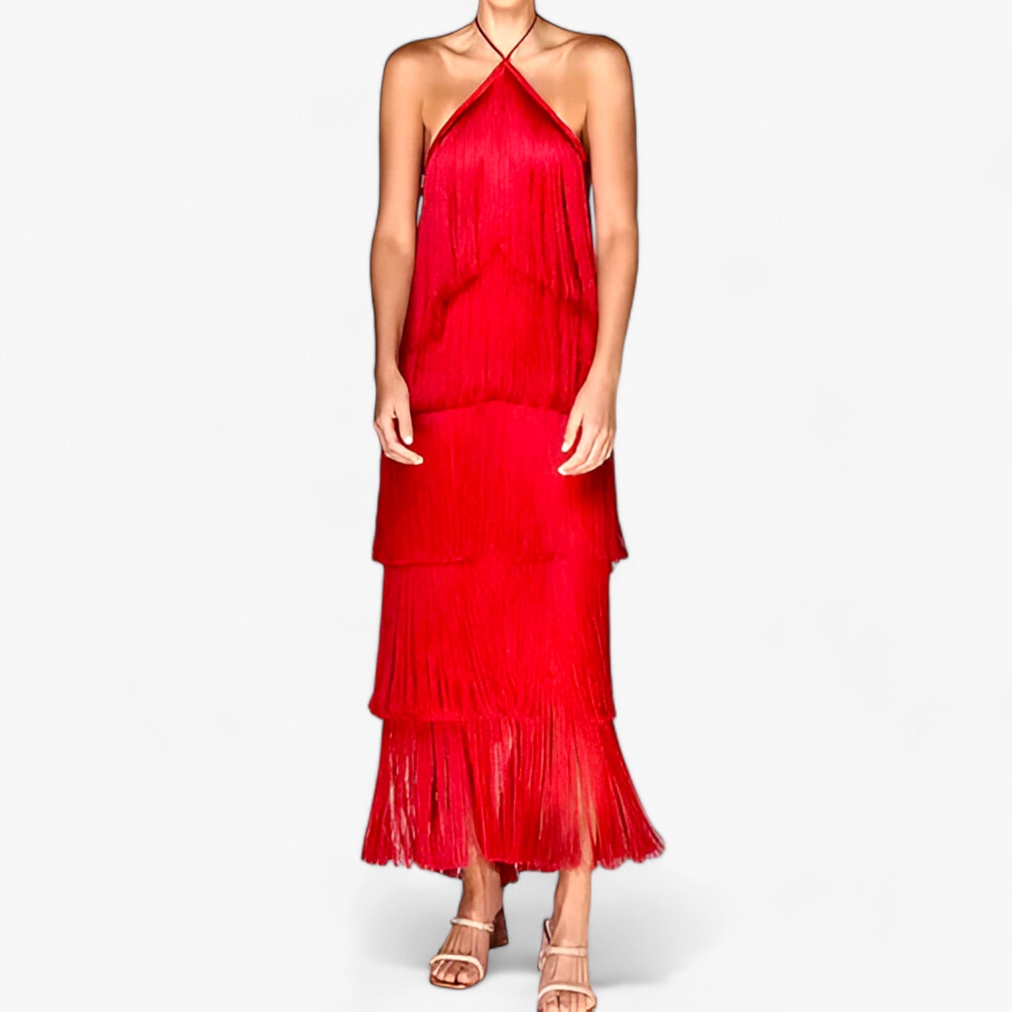 SERENA - Abito senza maniche con scollo a farfalla - dettagli di frange glamour - Rosso - - Concept Palermo