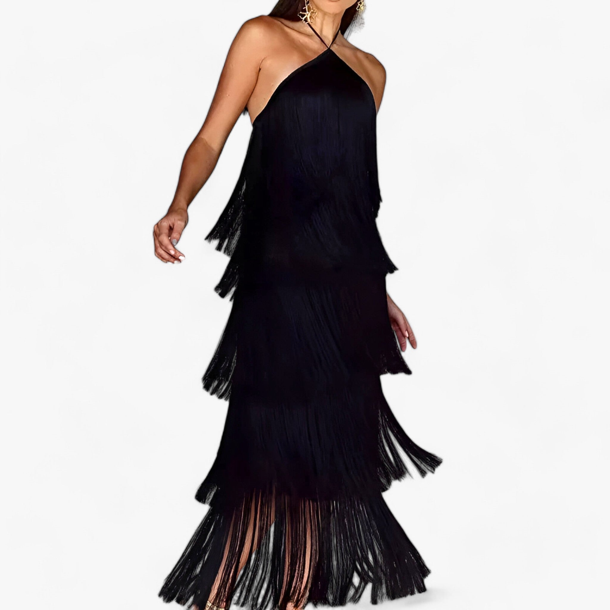 SERENA - Abito senza maniche con scollo a farfalla - dettagli di frange glamour - Nero - - Concept Palermo