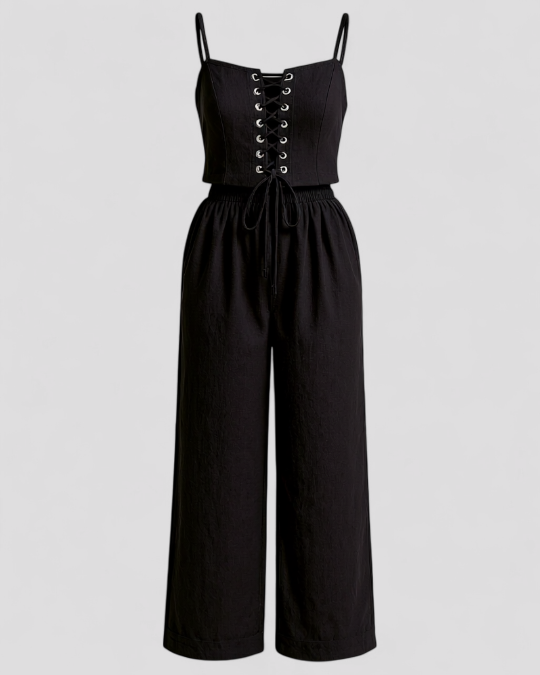 Alina | Set Elegante in Poliestere per Donna - Nero - abbigliamento traspirante abito confort completo elegante design raffinato moda femminile modo chic outfit estivo pantaloni ampi set lino donna stile casual - Concept Palermo