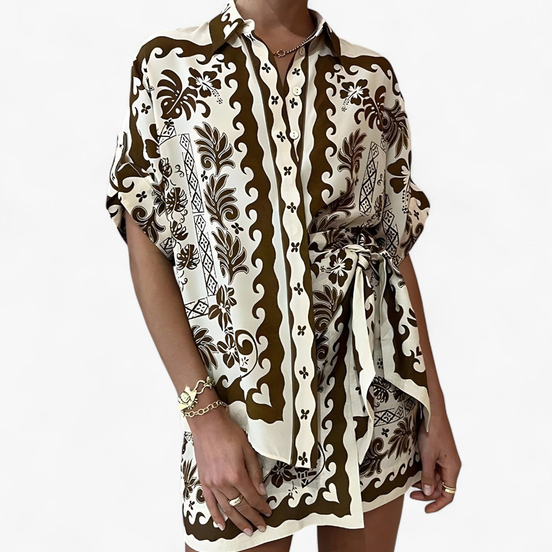 Luna | Abito camicia stampato in stile boho con eleganza naturale - Marrone - Complete Outfit DRESS - Concept Palermo