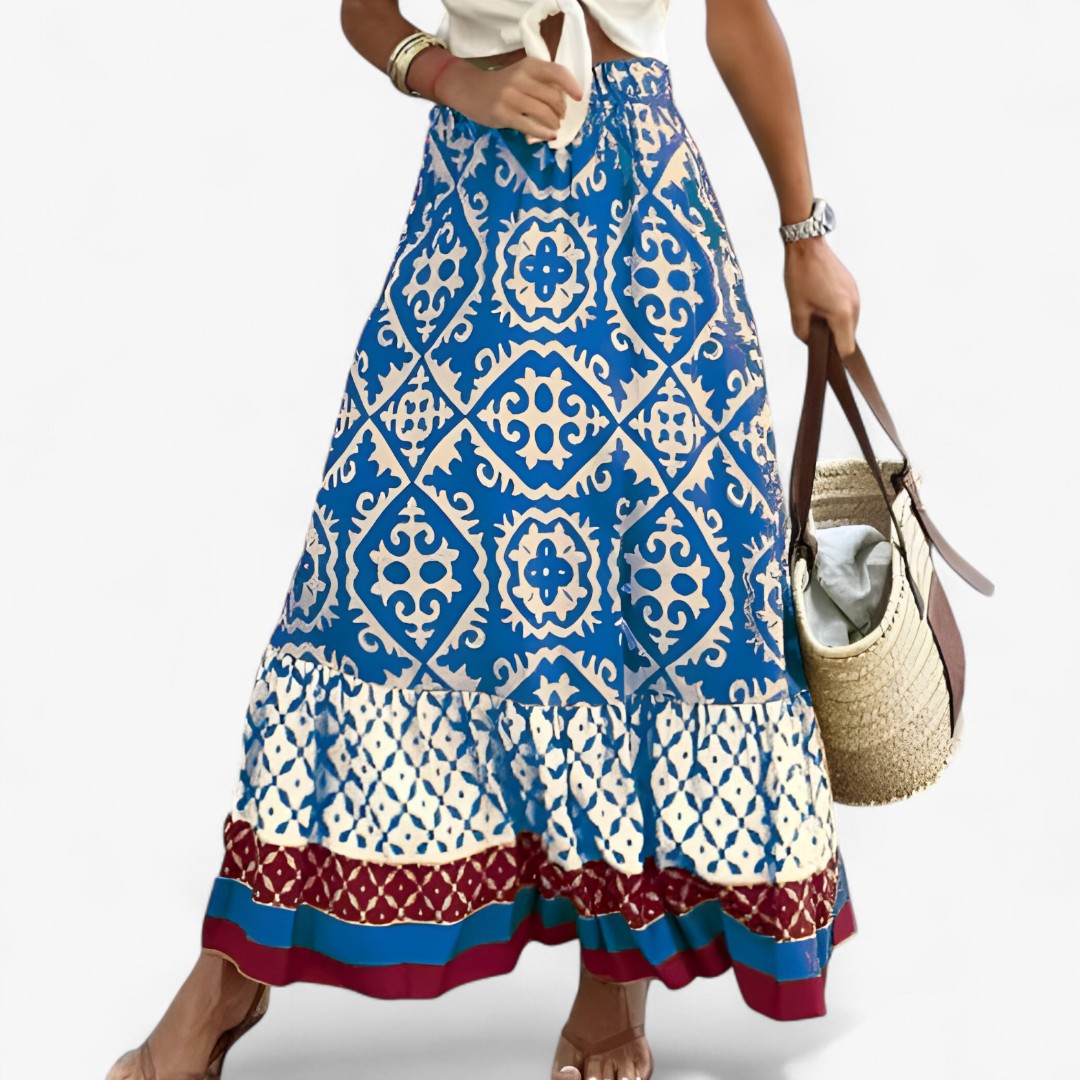 Leonie | Gonna Maxi Boho con Stampa Ikat - Azzurro - Skirt - Concept Palermo